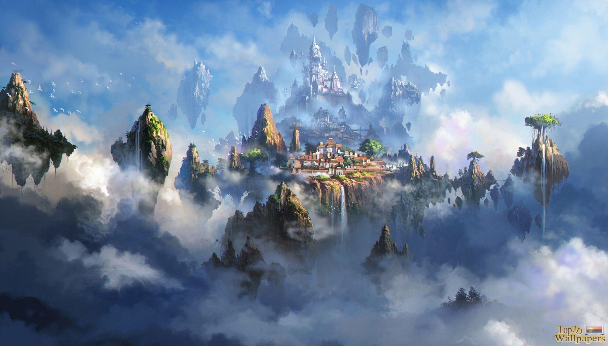 Isole fluttuanti città fantasy, 2000x1138 alta risoluzione, PC