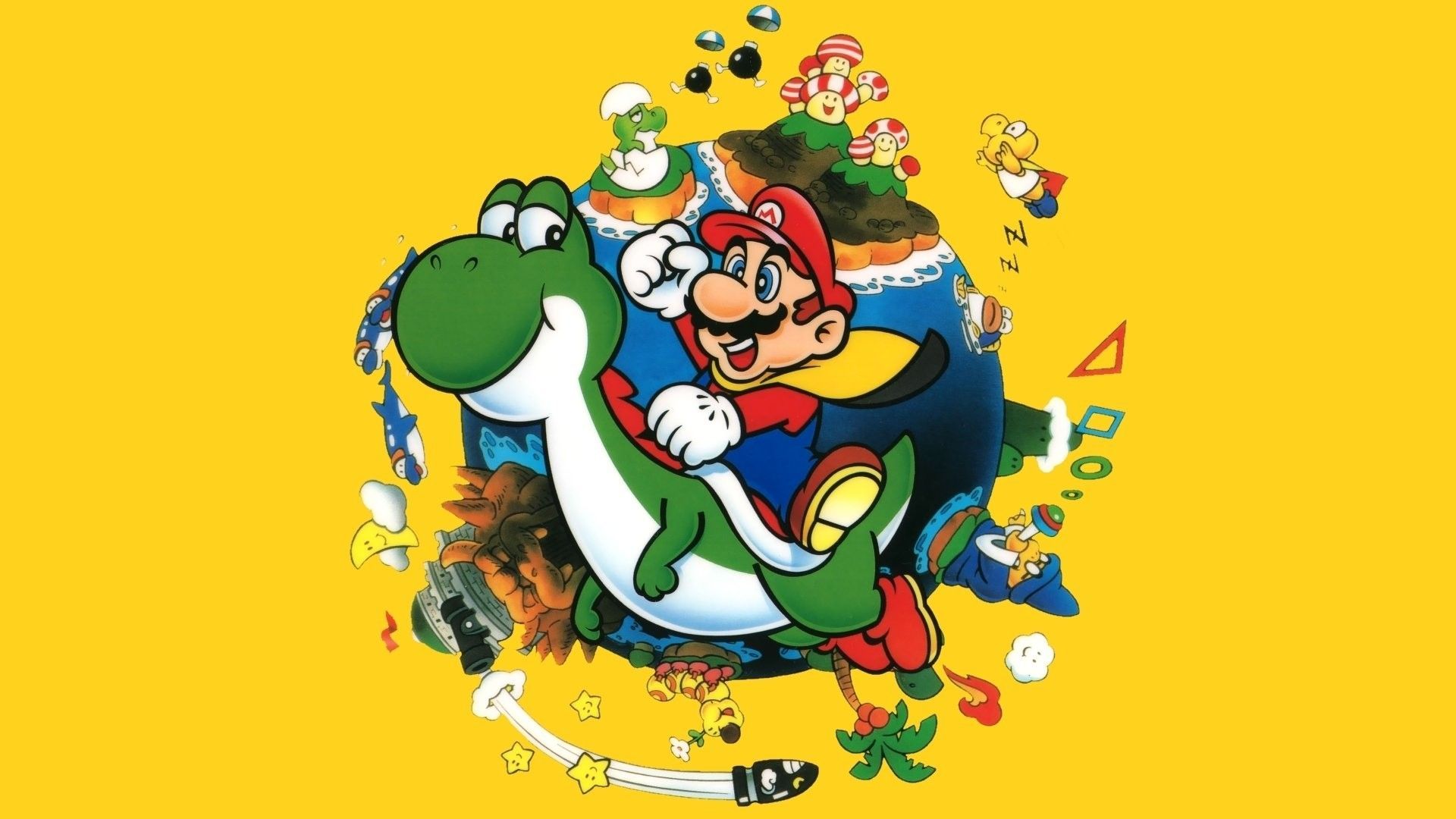 Mario cavalca Yoshi, sfondo giallo, Nintendo, 1920x1080 Full HD, Desktop