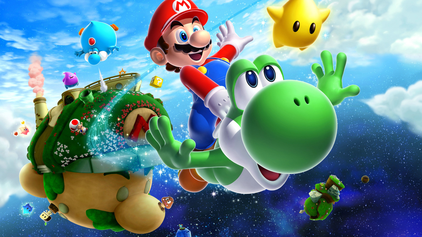 Mario e Yoshi, Super Mario Galaxy, platform, 1366x768 HD, Desktop