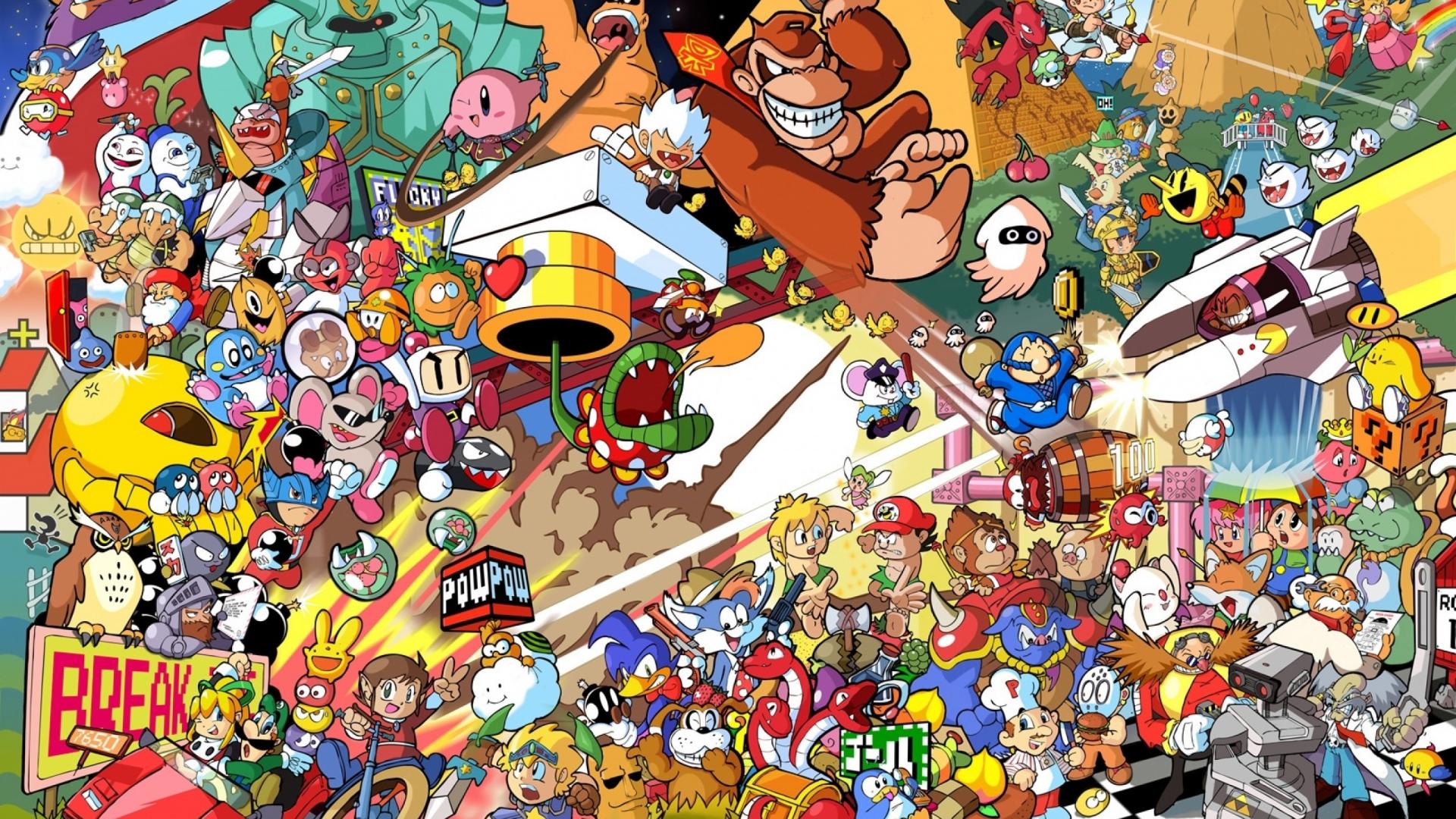 Collage personaggi videogiochi Nintendo, console giapponese, 1920x1080 Full HD, Laptop
