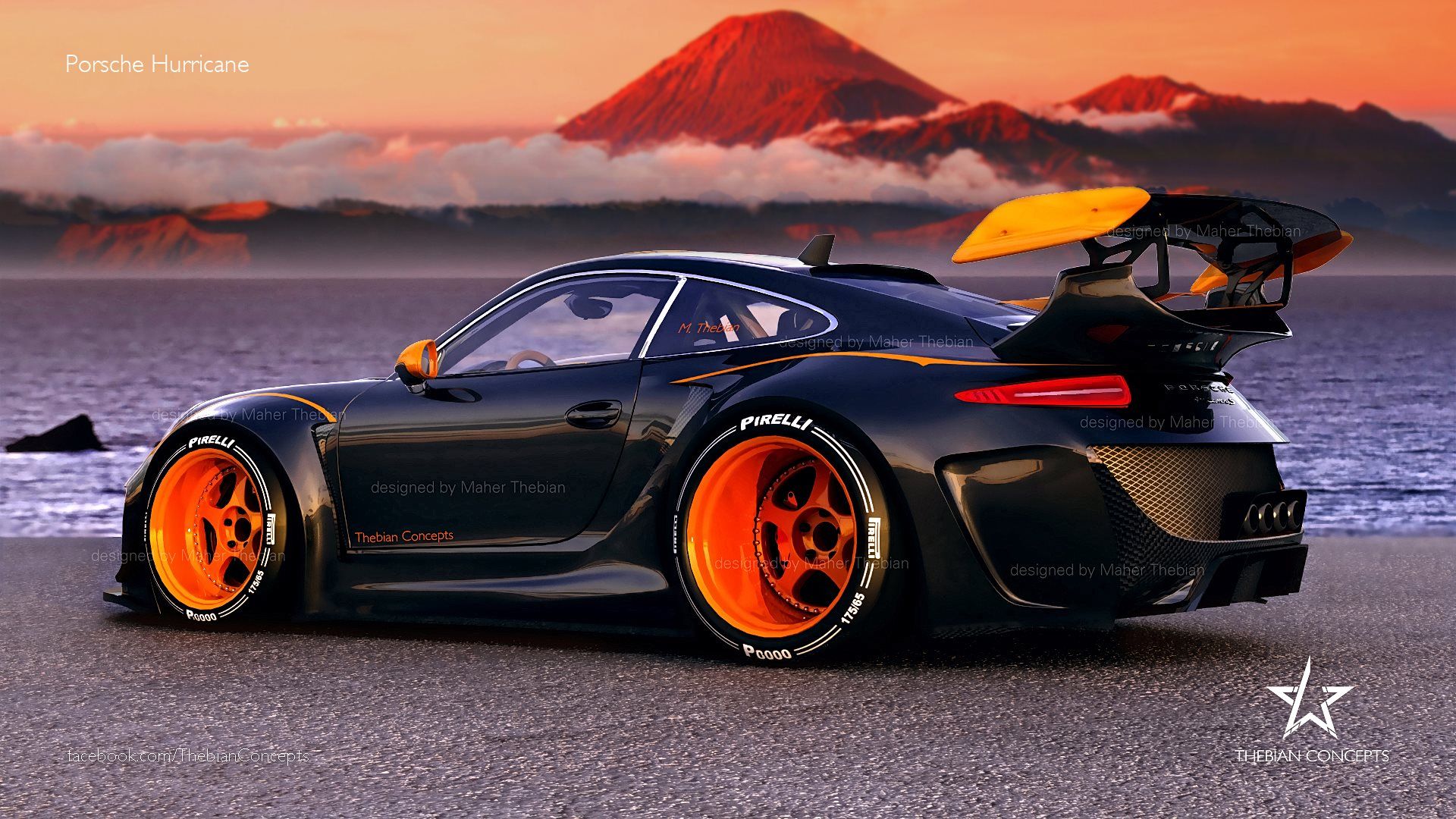 Porsche nera con cerchi arancioni, sportiva tedesca, 1920x1080 Full HD 1080p, Desktop