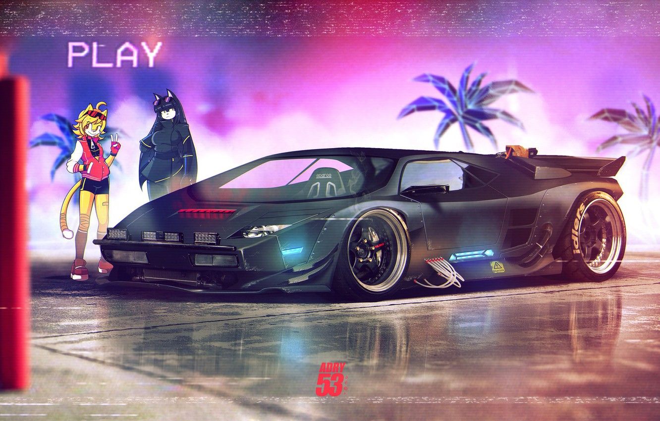 Auto sportiva neon, personaggio anime, 1332x850 720p, PC