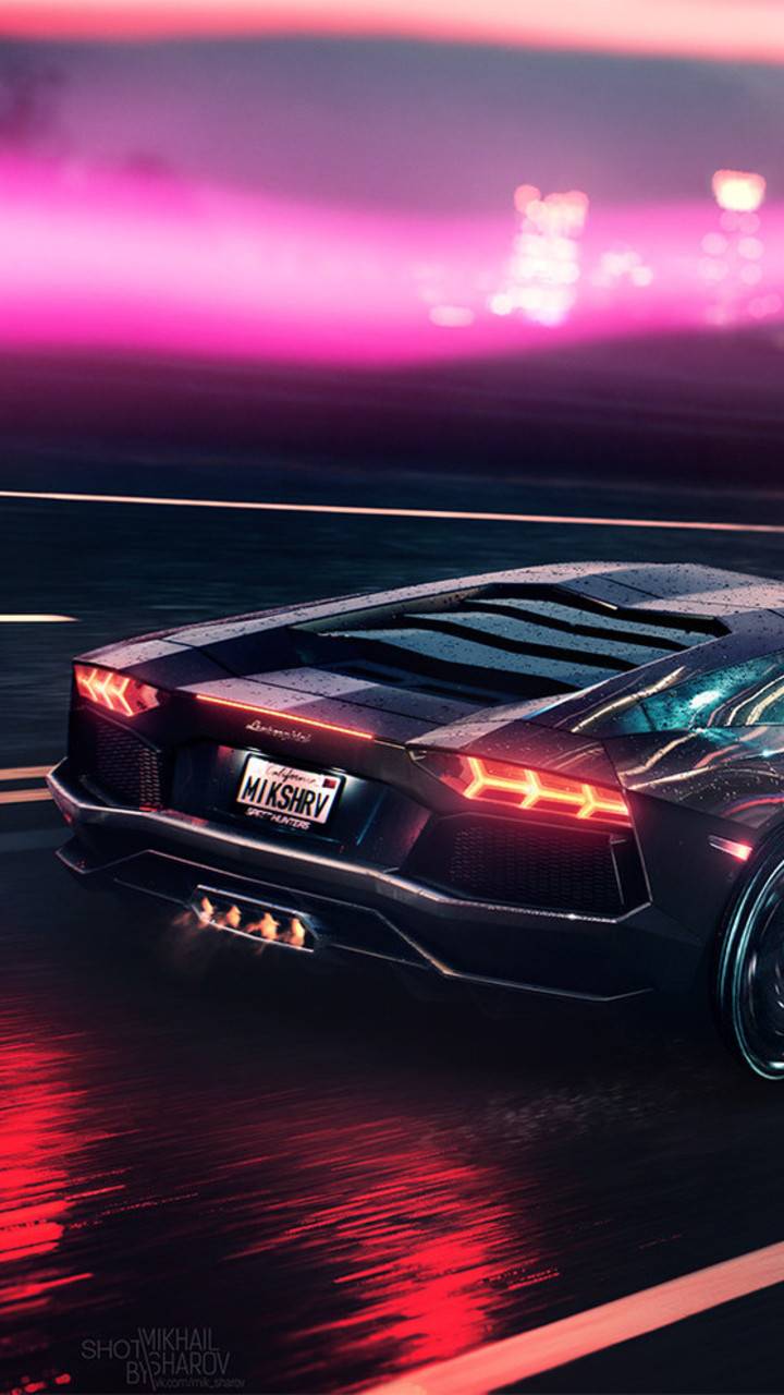 Lamborghini nera su strada al neon, 720x1280 Verticale, Telefono