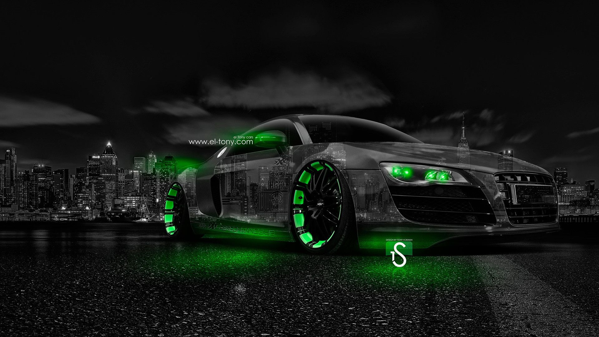 Auto sportiva neon verde città, 1920x1080 Full HD, PC Desktop
