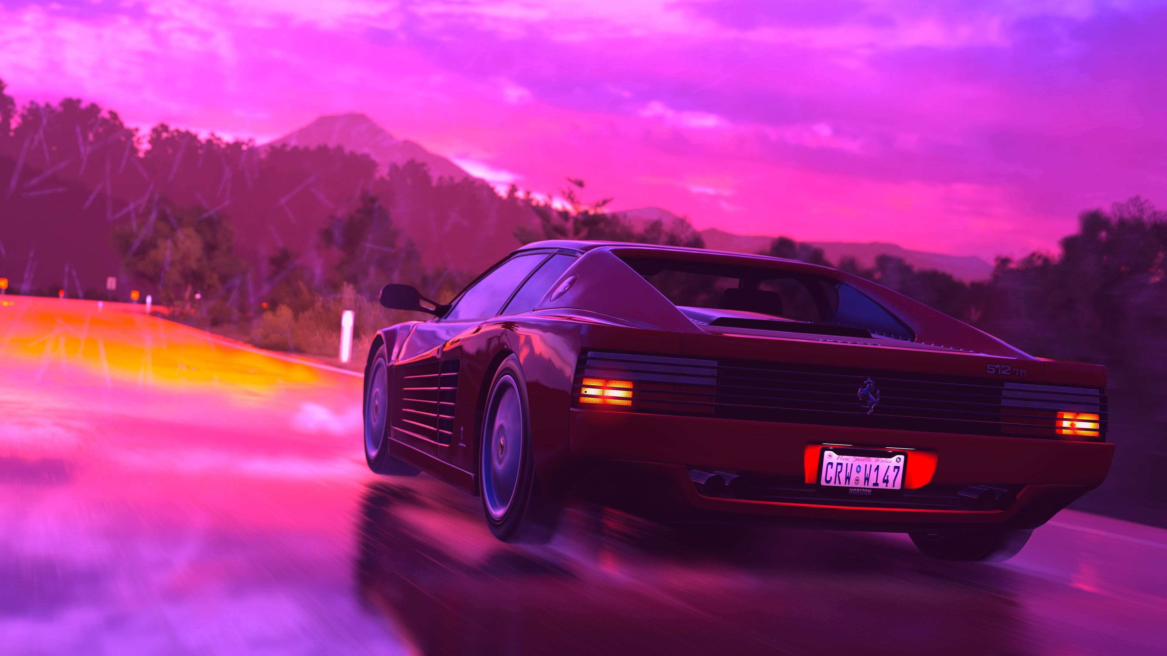 Ferrari retrowave neon viola, supercar italiana, 3840x2160 4K, Desktop 4K