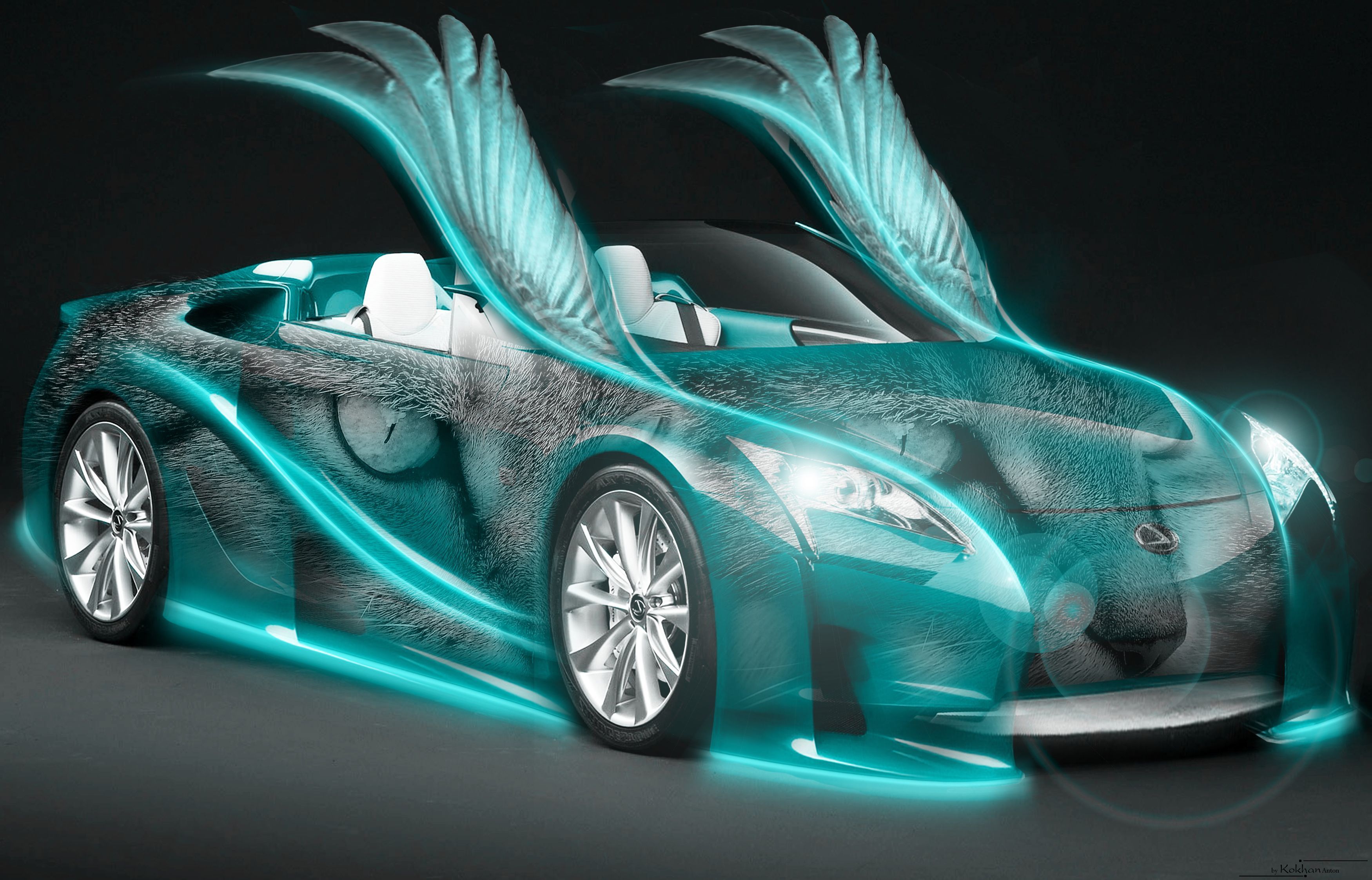 Auto sportiva turchese neon alata, 3500x2246 2K+, Desktop