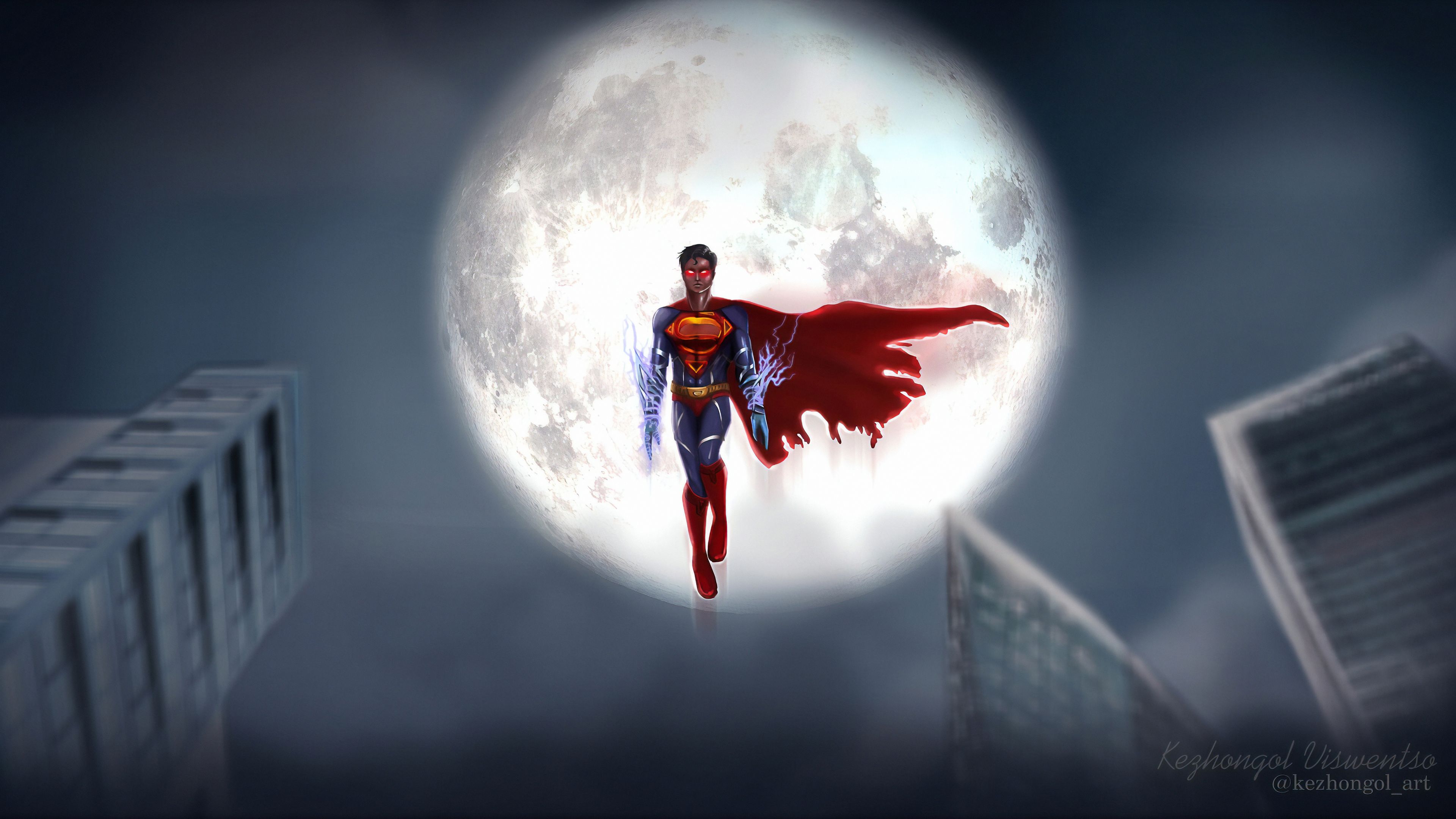 Superman in volo con luna, 3840x2160 UHD, PC 4K