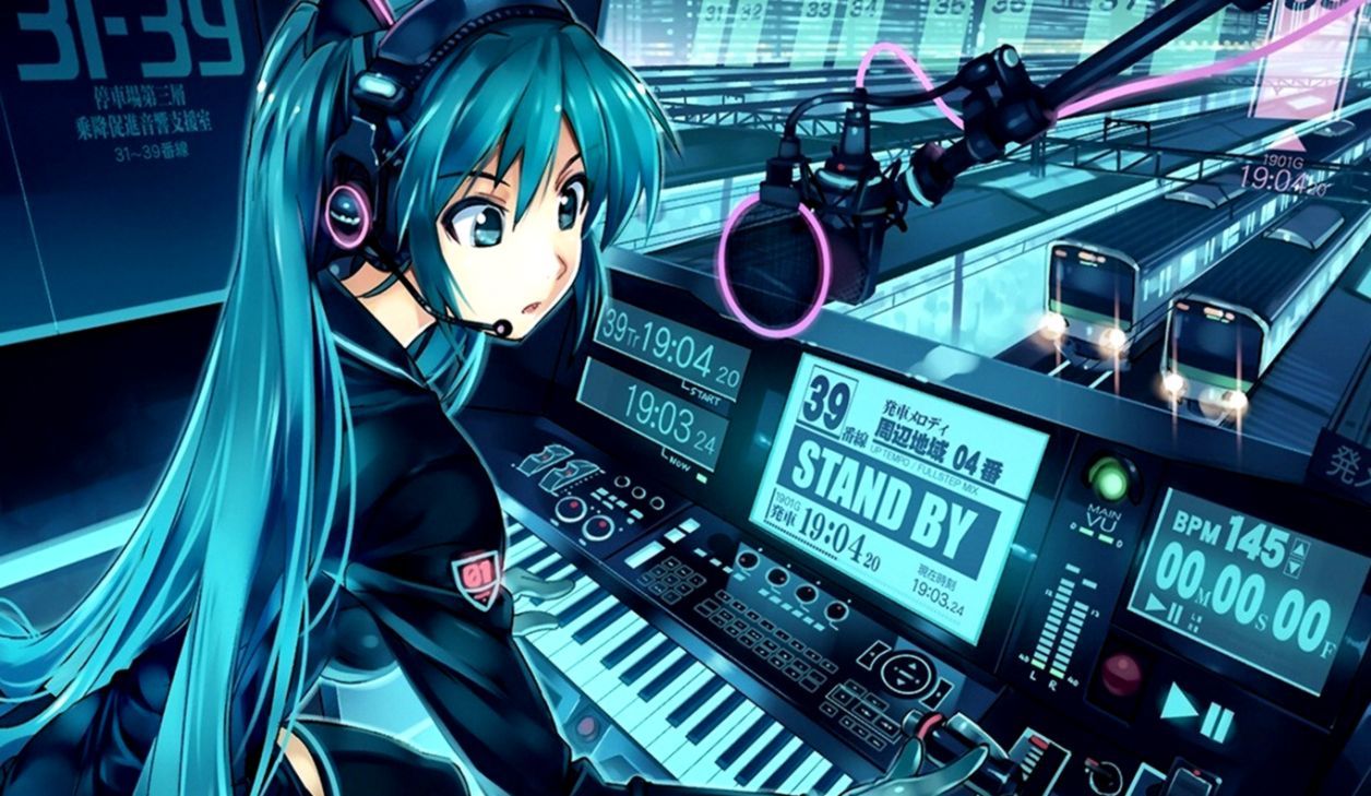 Hatsune Miku con cuffie DJ, Vocaloid, 1256x729 HD, Desktop