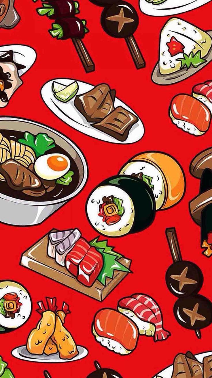Cibo giapponese kawaii sfondo rosso, 736x1308 Full HD Verticale, iPhone