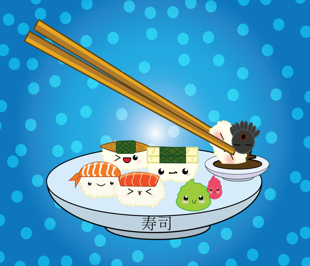 Sushi kawaii piatto bacchette, 1023x877 HD, Desktop