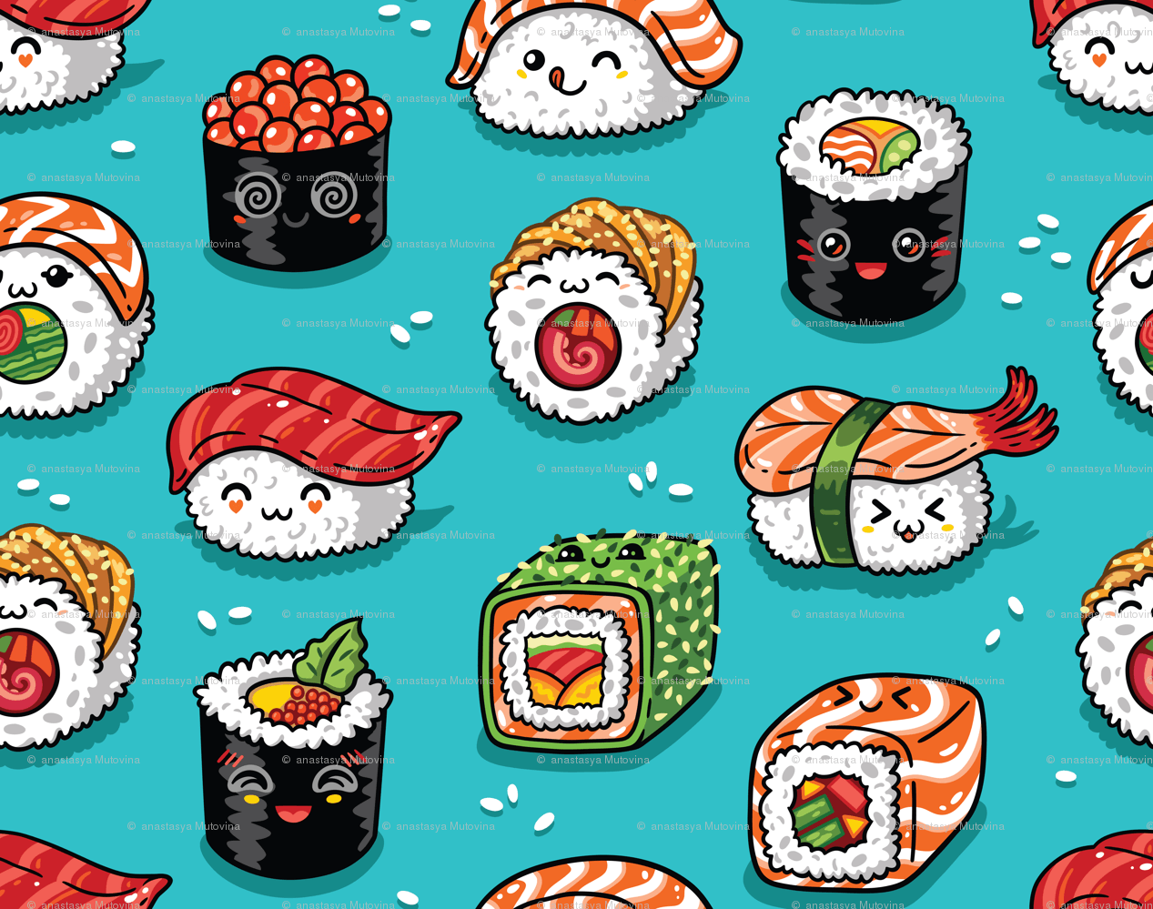 Sushi kawaii sfondo turchese, 736x1309 Verticale, Android