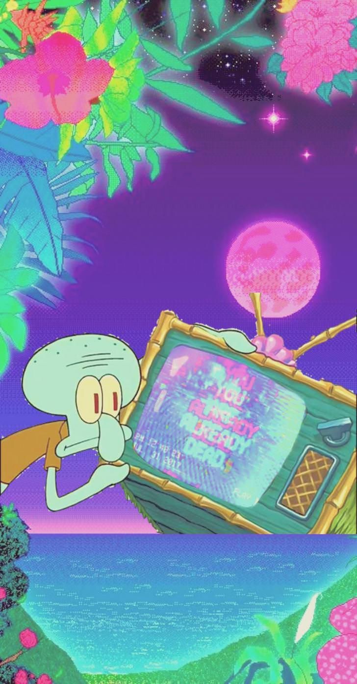 Squidward psichedelico spiaggia notturna, 728x1392 Full HD Verticale, iPhone