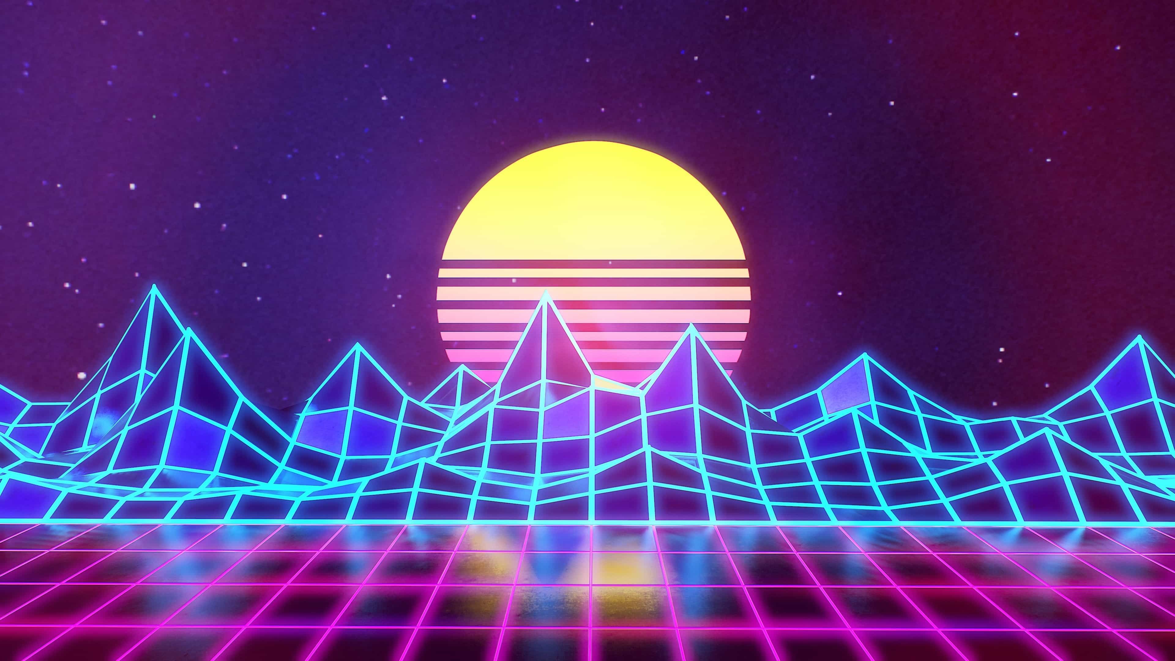Griglia neon montagne sole synthwave, 3840x2160 4K Ultra HD, Monitor 4K