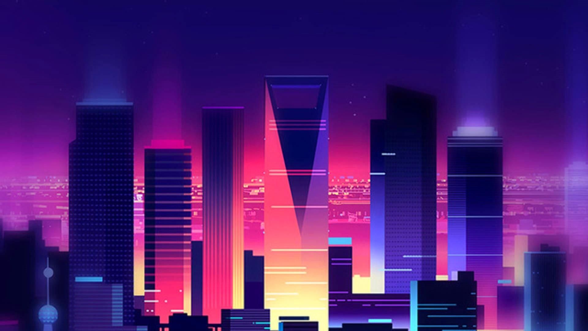Skyline città synthwave viola, 1920x1080 Full HD, Monitor Gaming