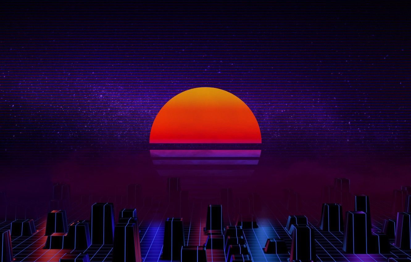 Sole al tramonto skyline synthwave, 1332x850 720p, Laptop
