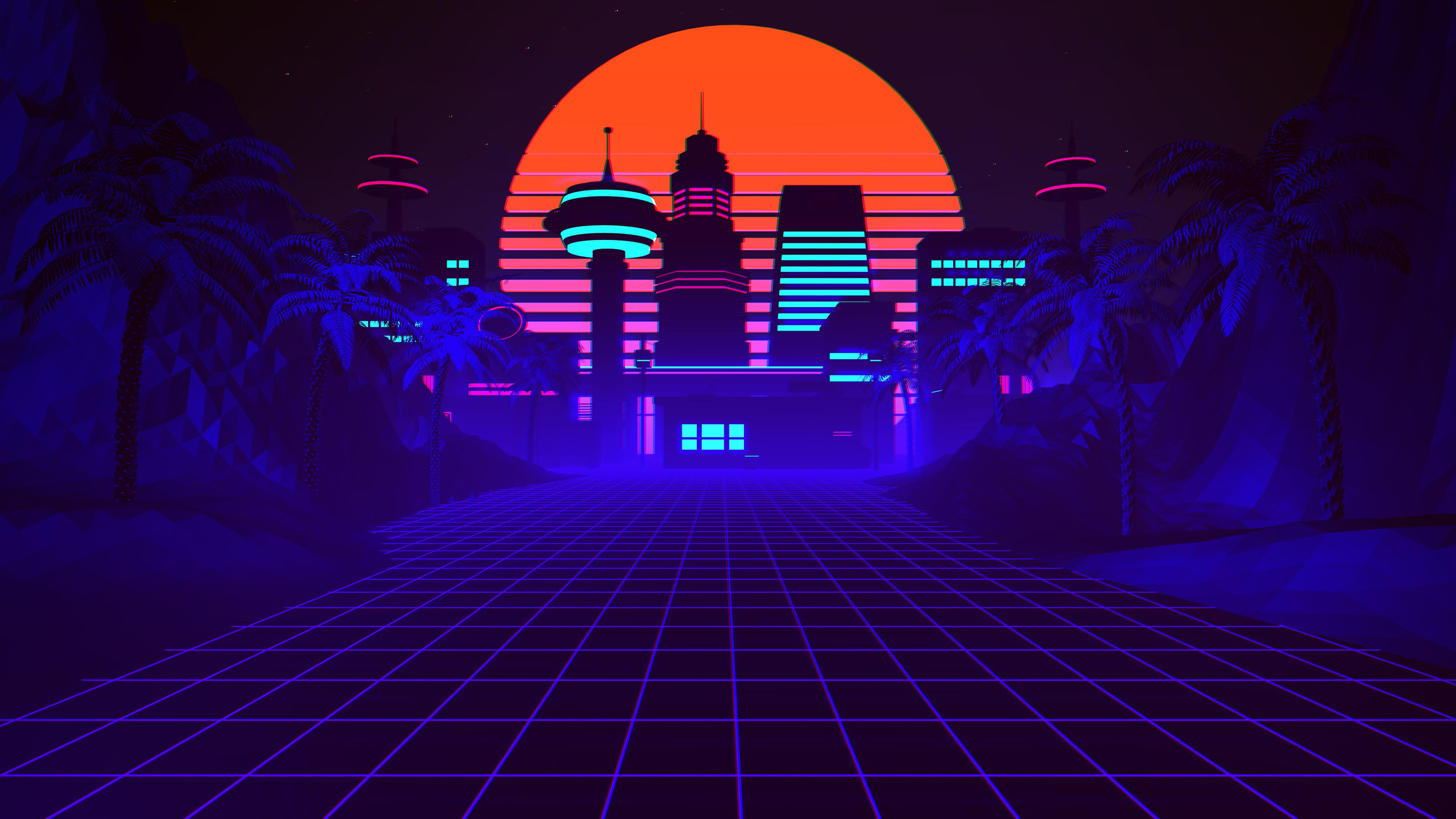 Città neon retrowave con griglia, 3840x2160 UHD, PC 4K