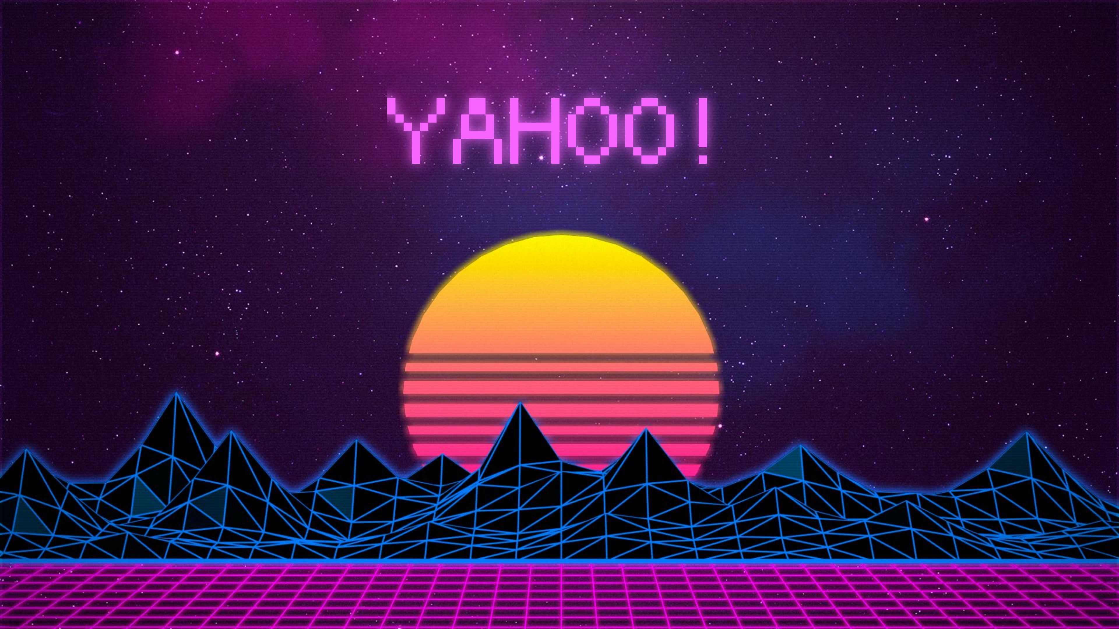 Logo Yahoo synthwave sole griglia, 3840x2160 4K, Desktop 4K