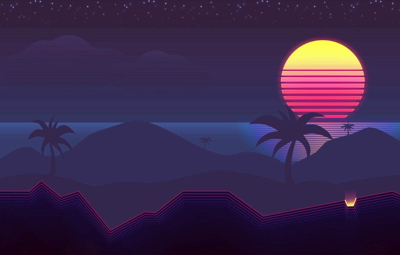 Sole al tramonto palme montagne, 1332x850 720p, PC
