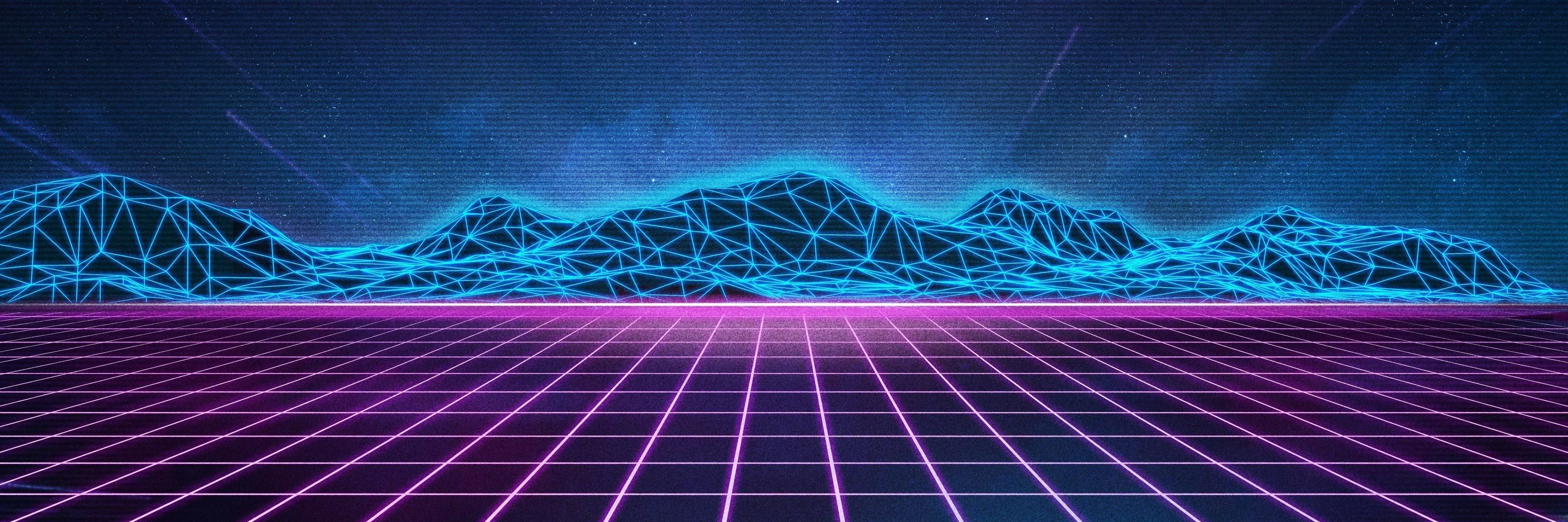 Griglia montagne neon synthwave, 3456x1152 Ultrawide, Dual Monitor