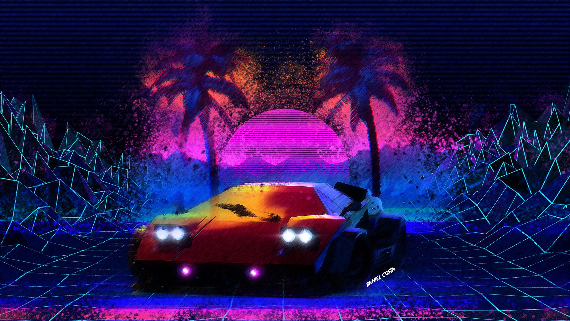 Auto sportiva neon retrowave, 1920x1080 1080p, Desktop
