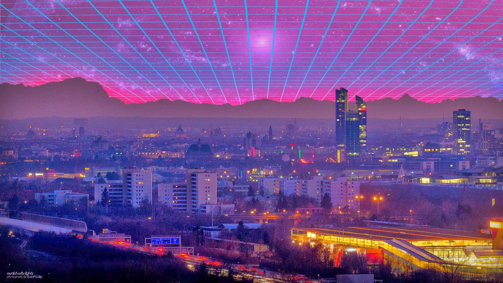 Griglia neon su città skyline, 1600x900 HD, Desktop