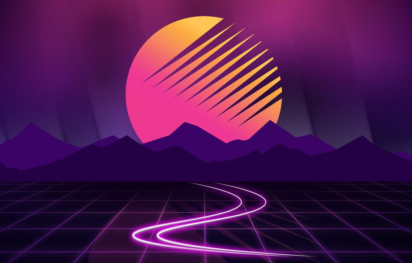 Sole e montagne synthwave viola, 1332x850 HD, Desktop
