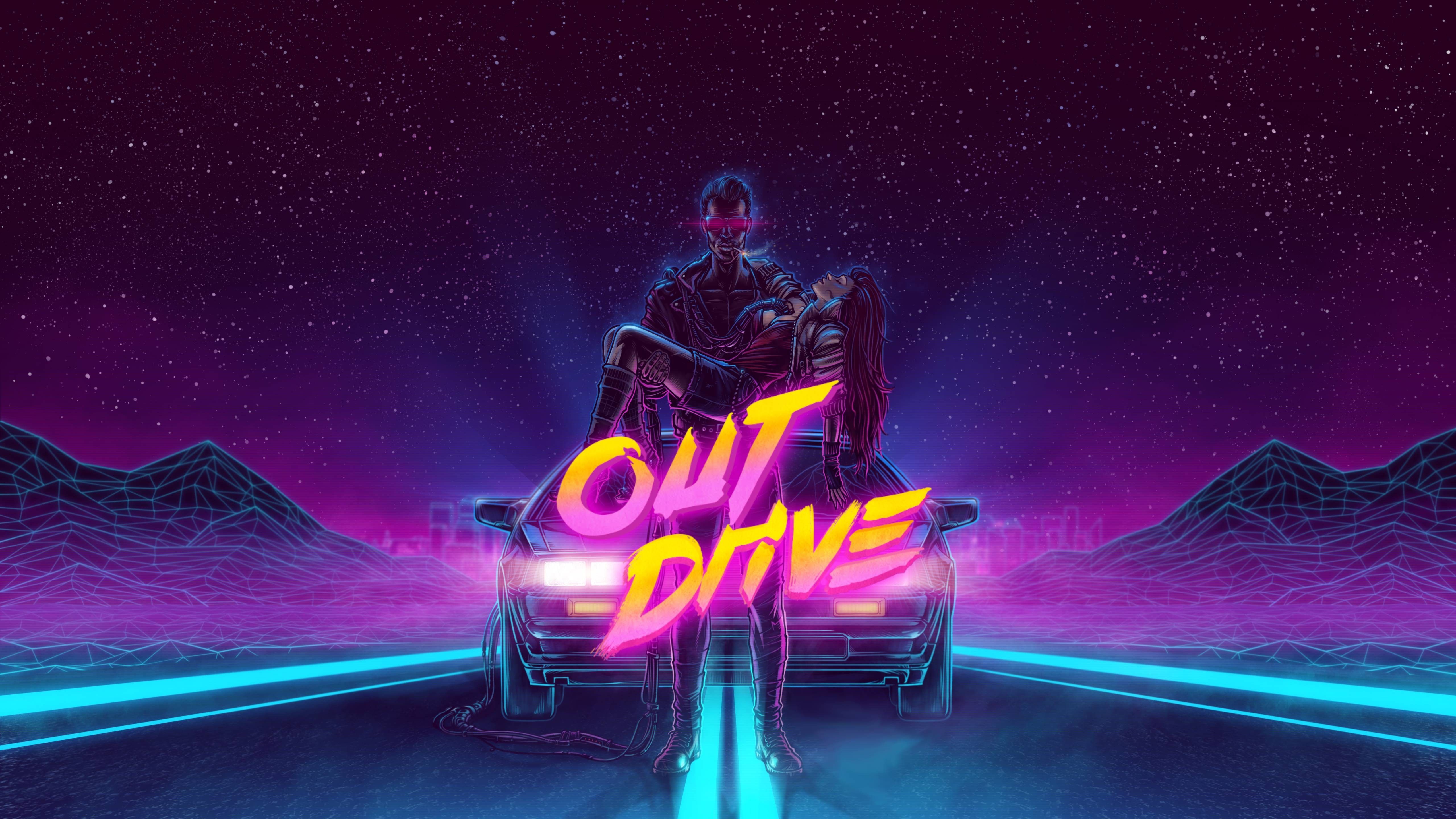 Auto e figura synthwave neon, 5120x2880 UHD, PC 4K