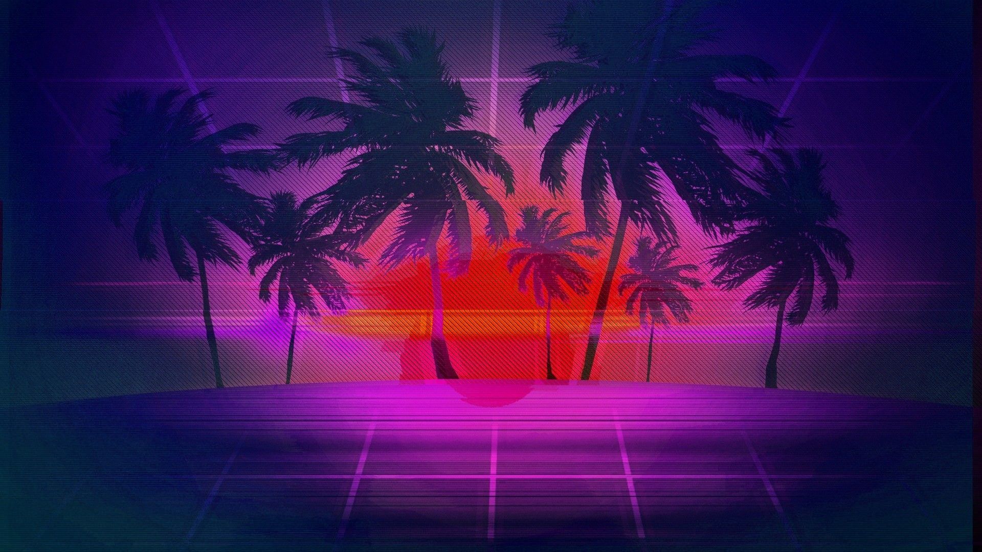 Palme tramonto griglia synthwave, 1920x1080 1080p, PC