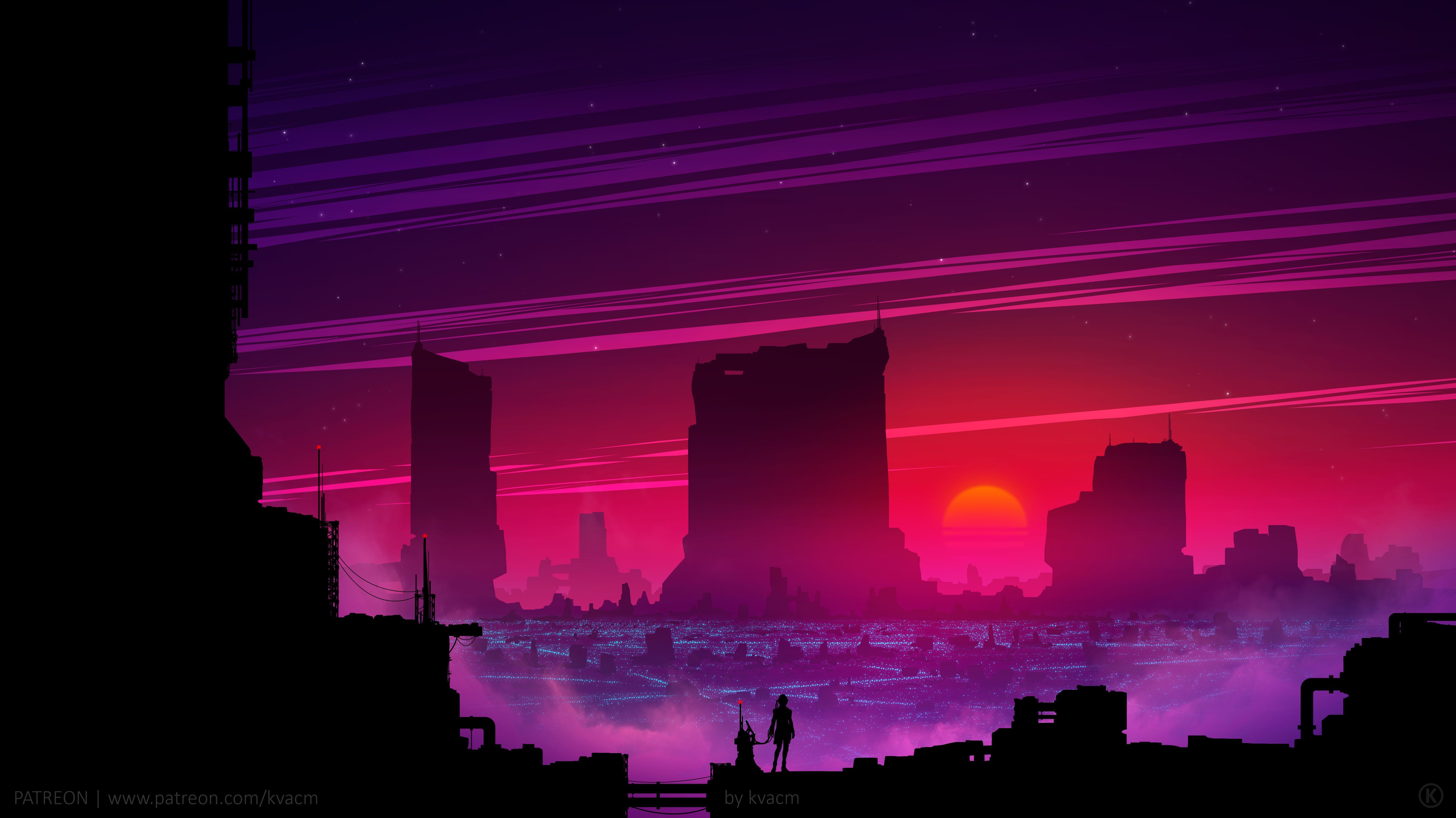 Skyline sintetico al tramonto viola, 5760x3240 4K Ultra HD, Monitor 4K