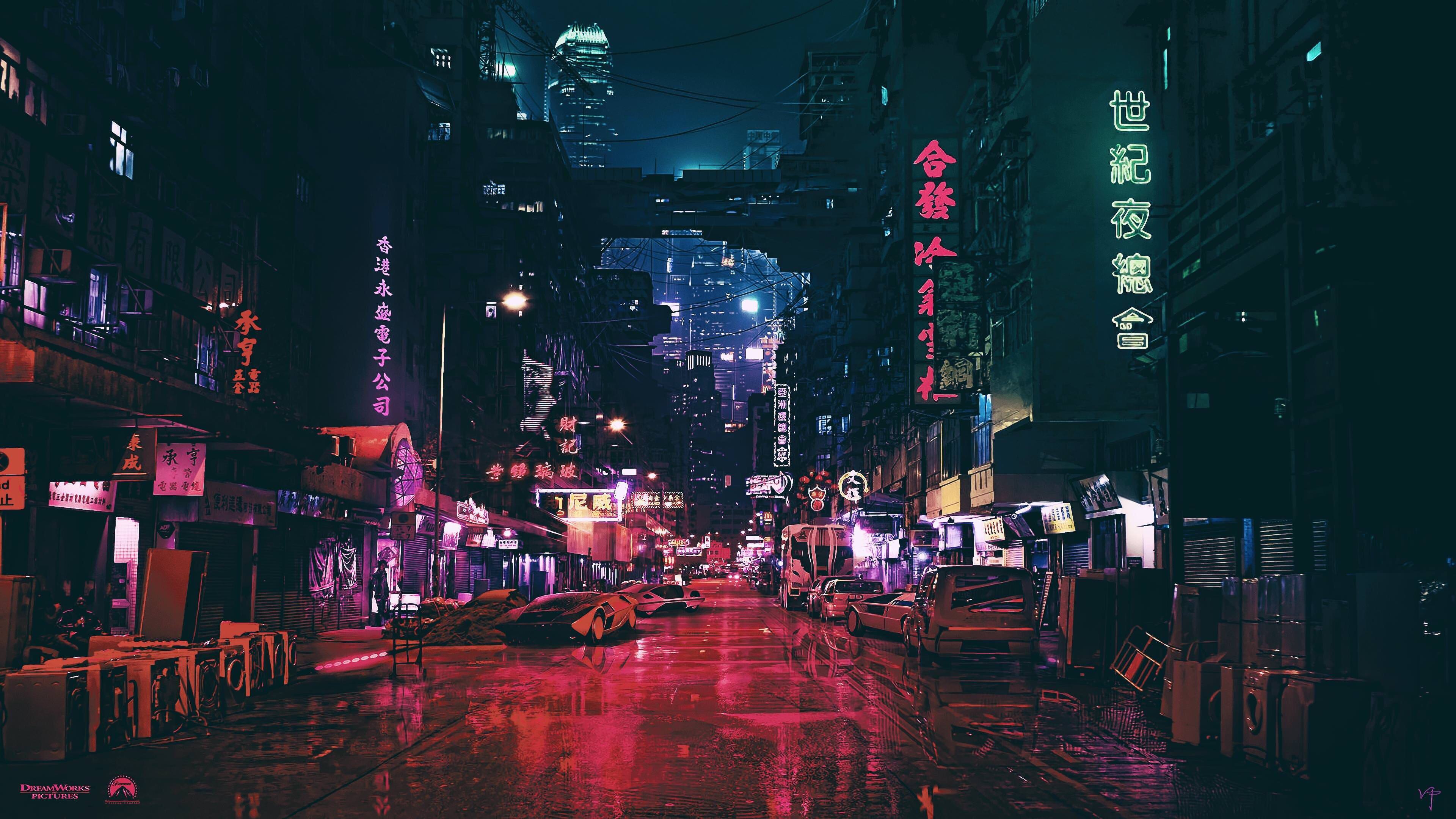 Strada notturna neon città, 3840x2160 4K, Desktop 4K