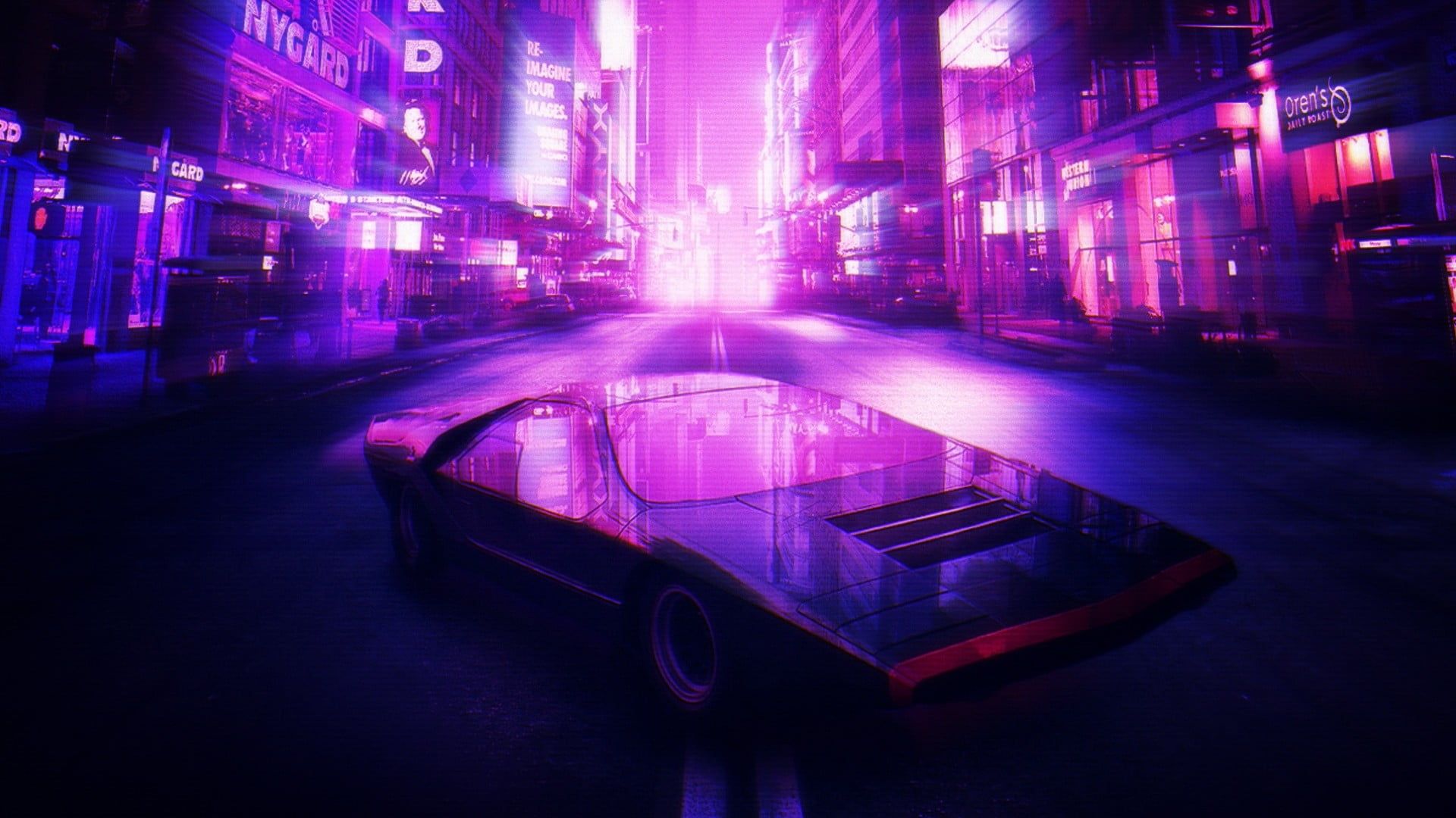 Auto retro città neon viola, 1920x1080 1080p, Desktop