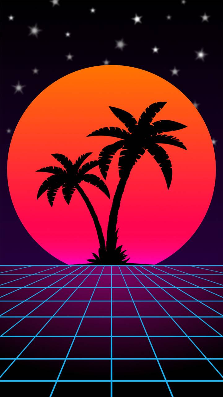 Palme tramonto griglia synthwave, 720x1280 Verticale, Telefono