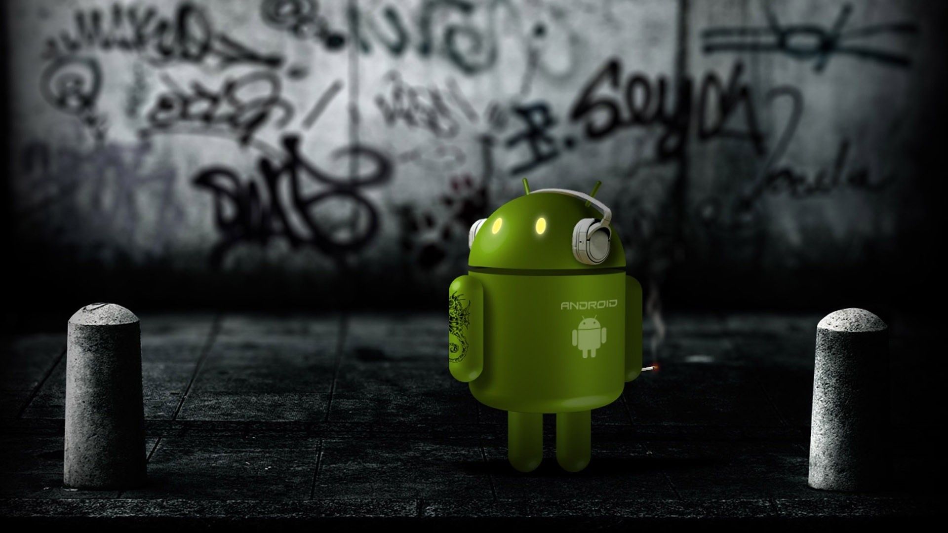 Robot Android verde con cuffie, 1920x1080 Full HD 1080p, Desktop