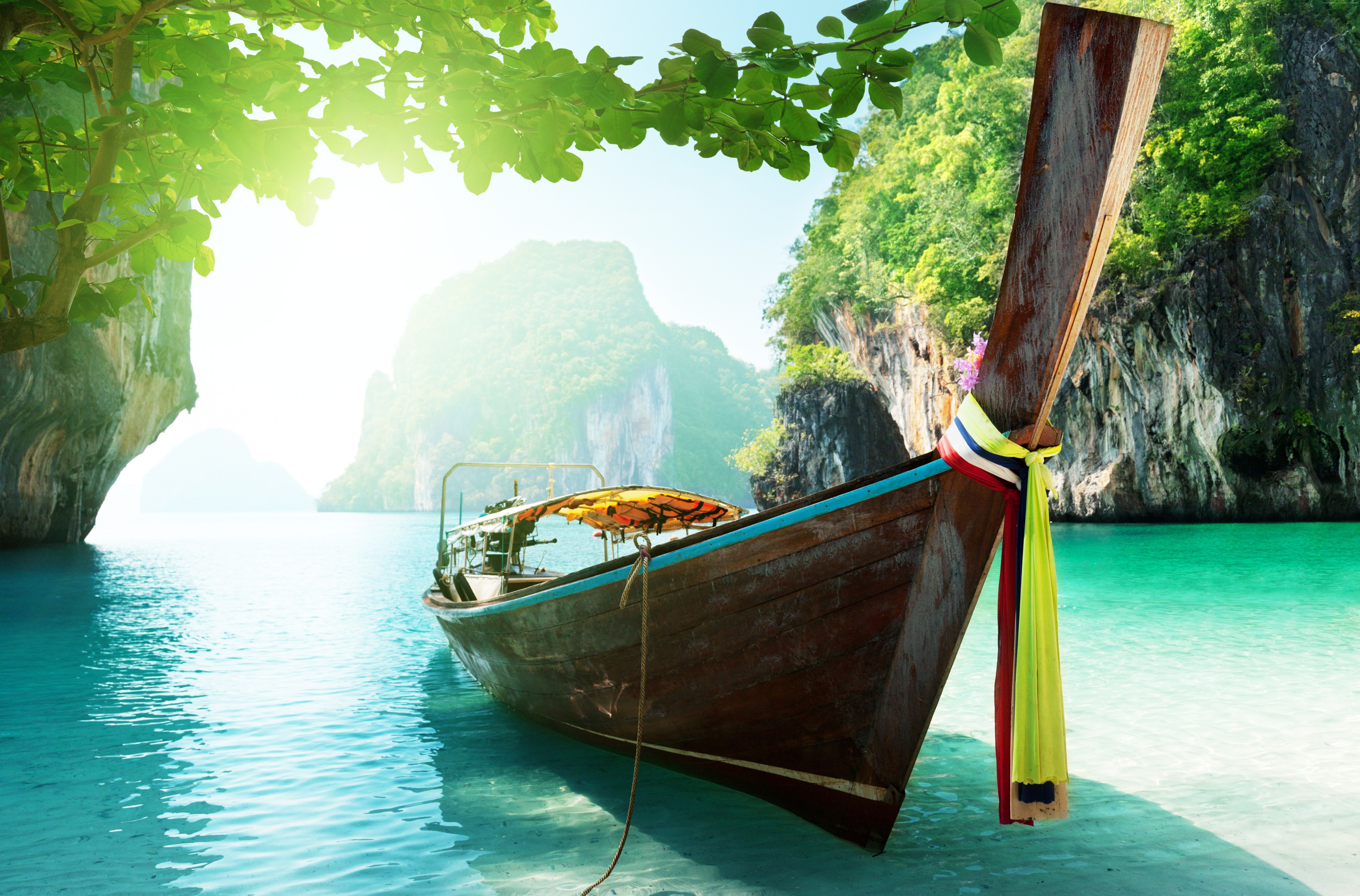 Barca thailandese tradizionale, mare turchese, 8600x5666 4K, PC Desktop