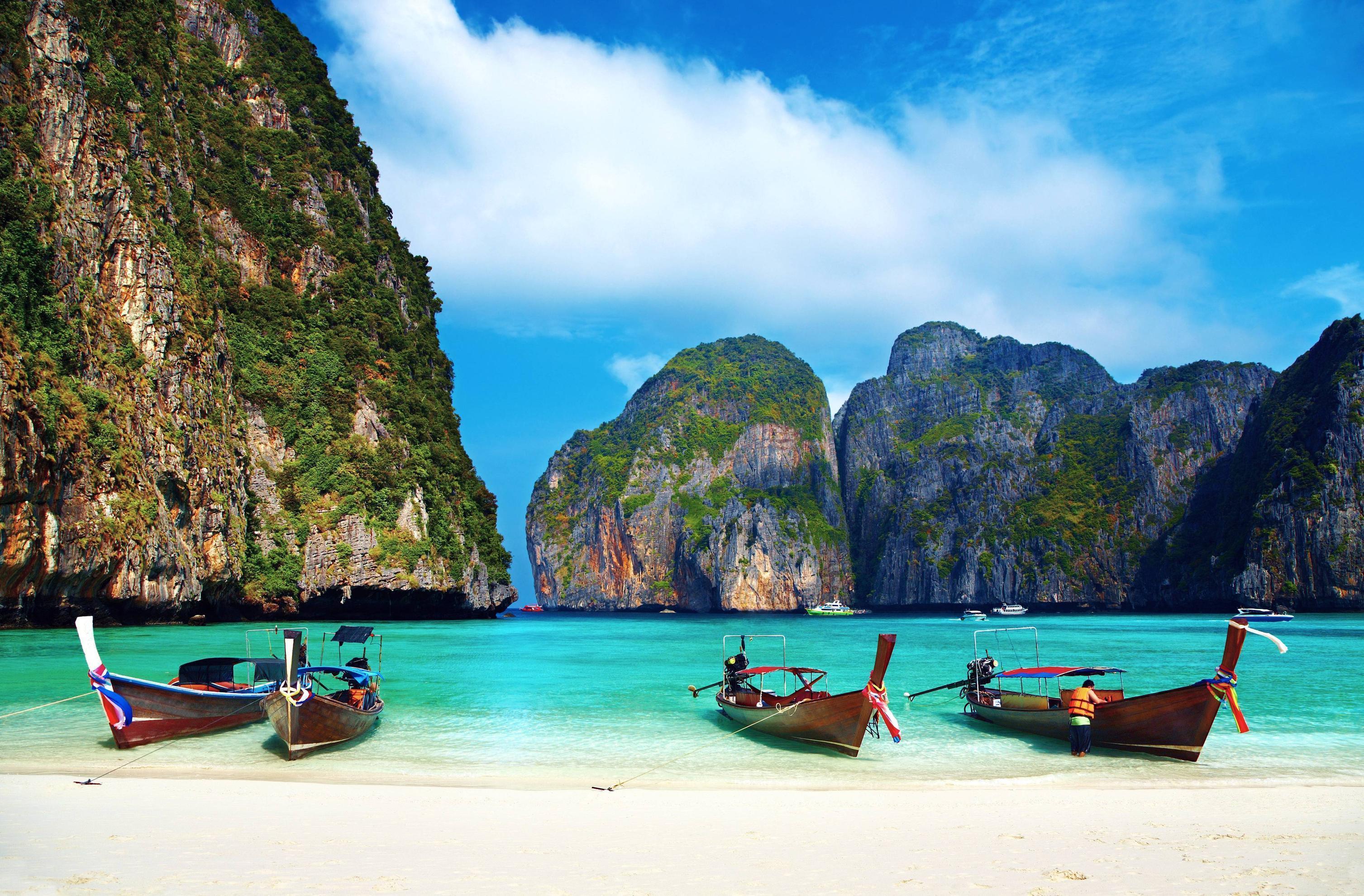 Barche lunga coda spiaggia Thailandia, 3014x1980 2K, PC