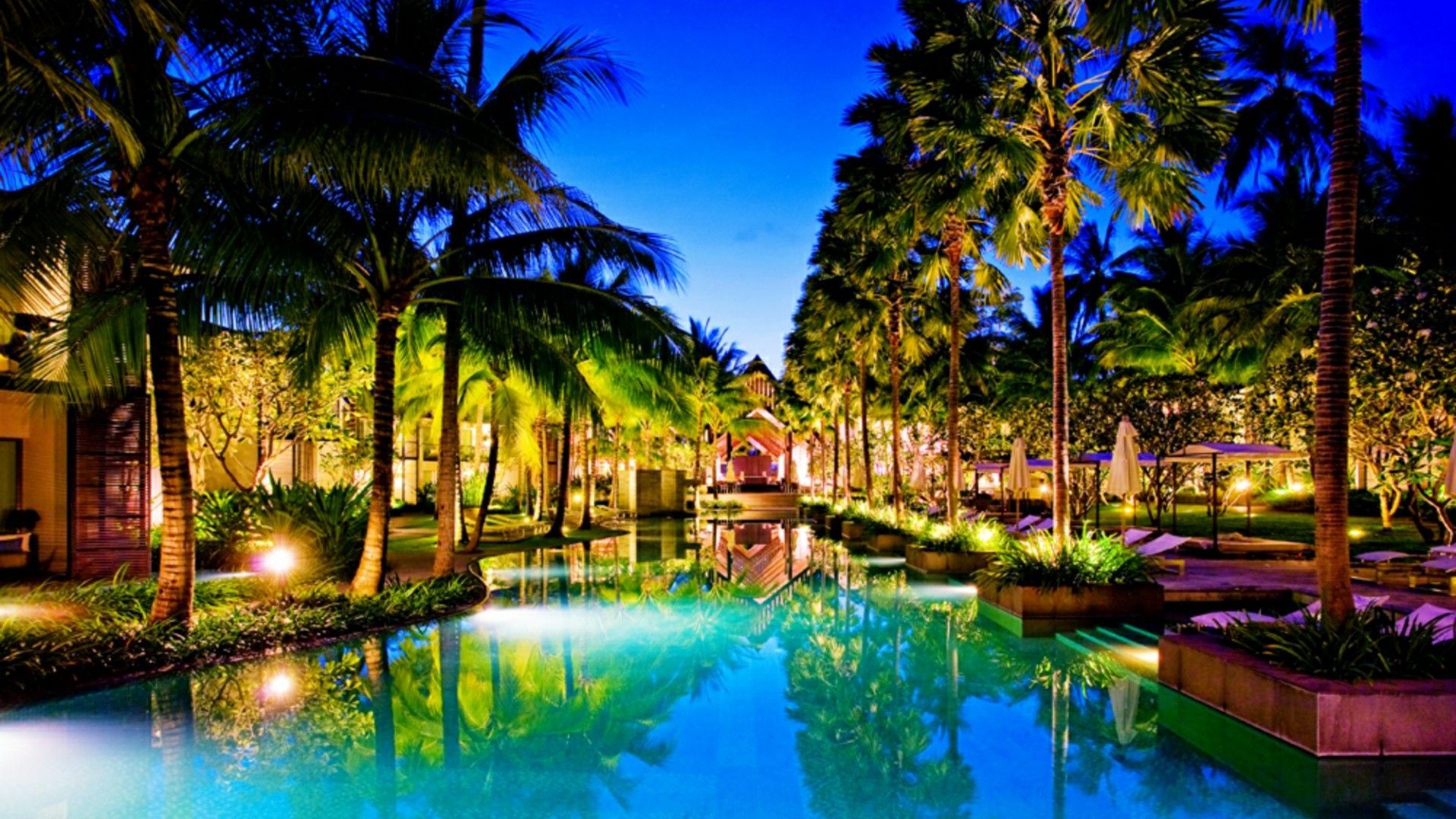 Piscina resort tropicale notturna, 1920x1080 Full HD, PC