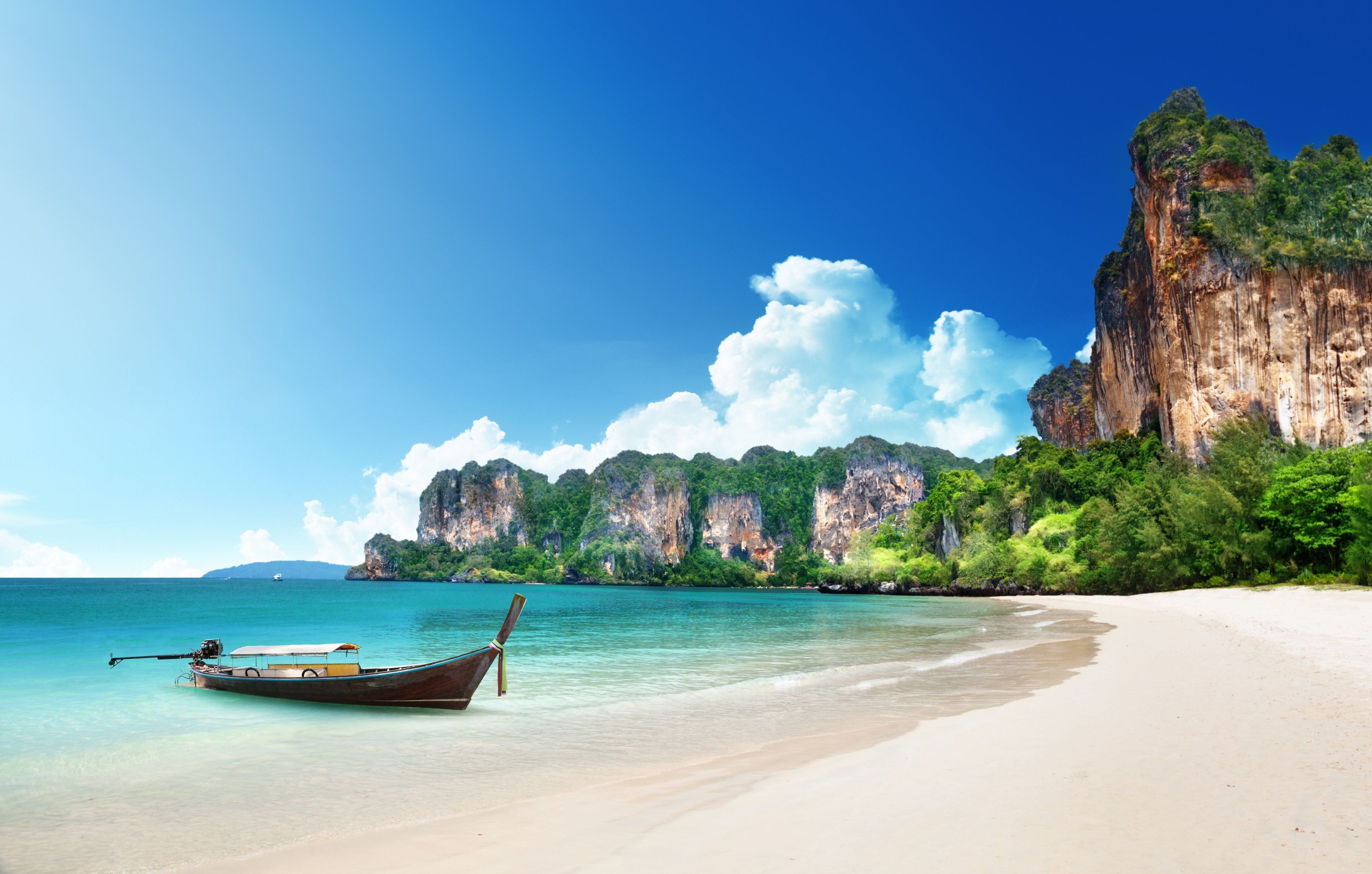 Spiaggia Railay Thailandia barca, 3840x2445 4K Ultra HD, Desktop