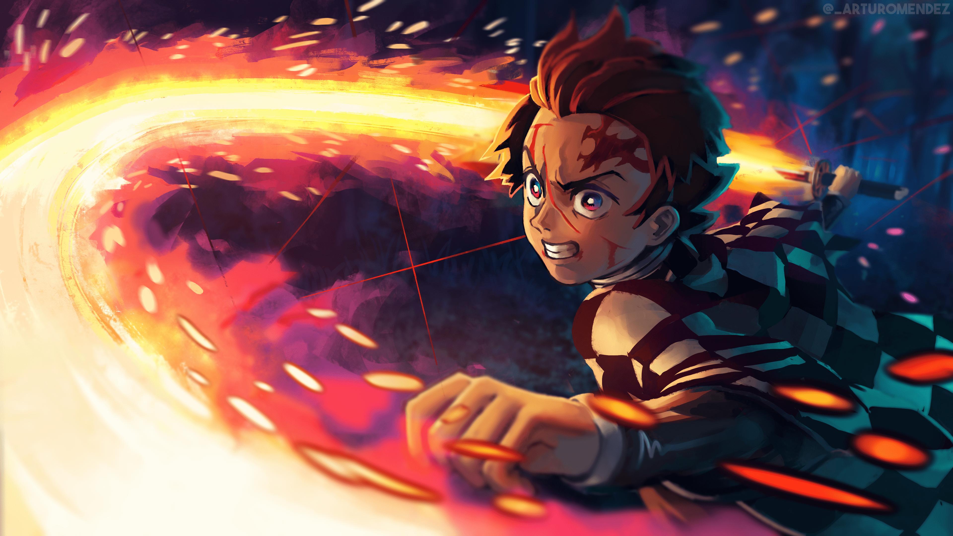 Tanjiro Kamado spada fuoco, 3840x2160 UHD, PC 4K