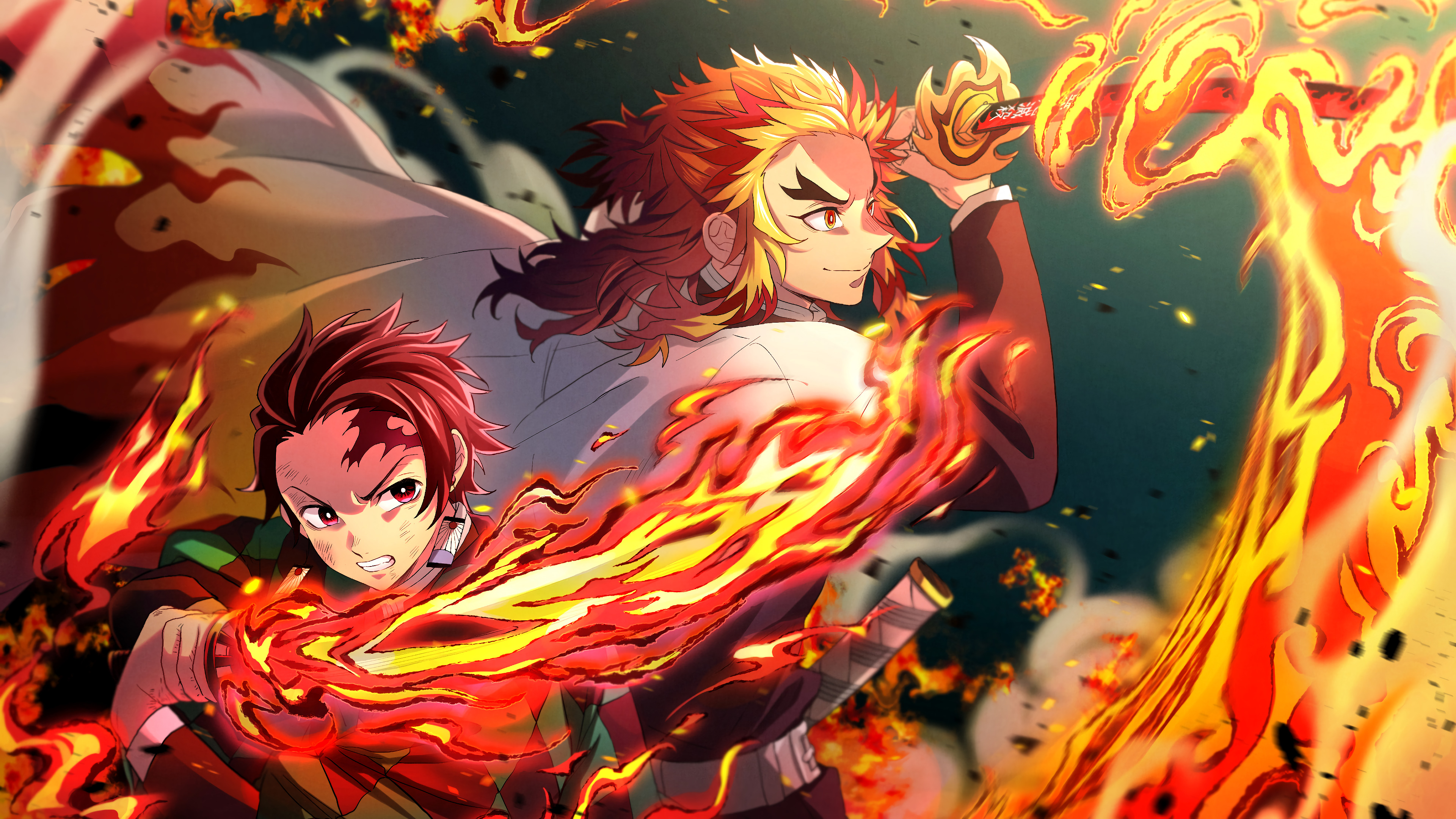 Tanjiro e Rengoku fiamme, 3840x2160 4K Ultra HD, Monitor 4K