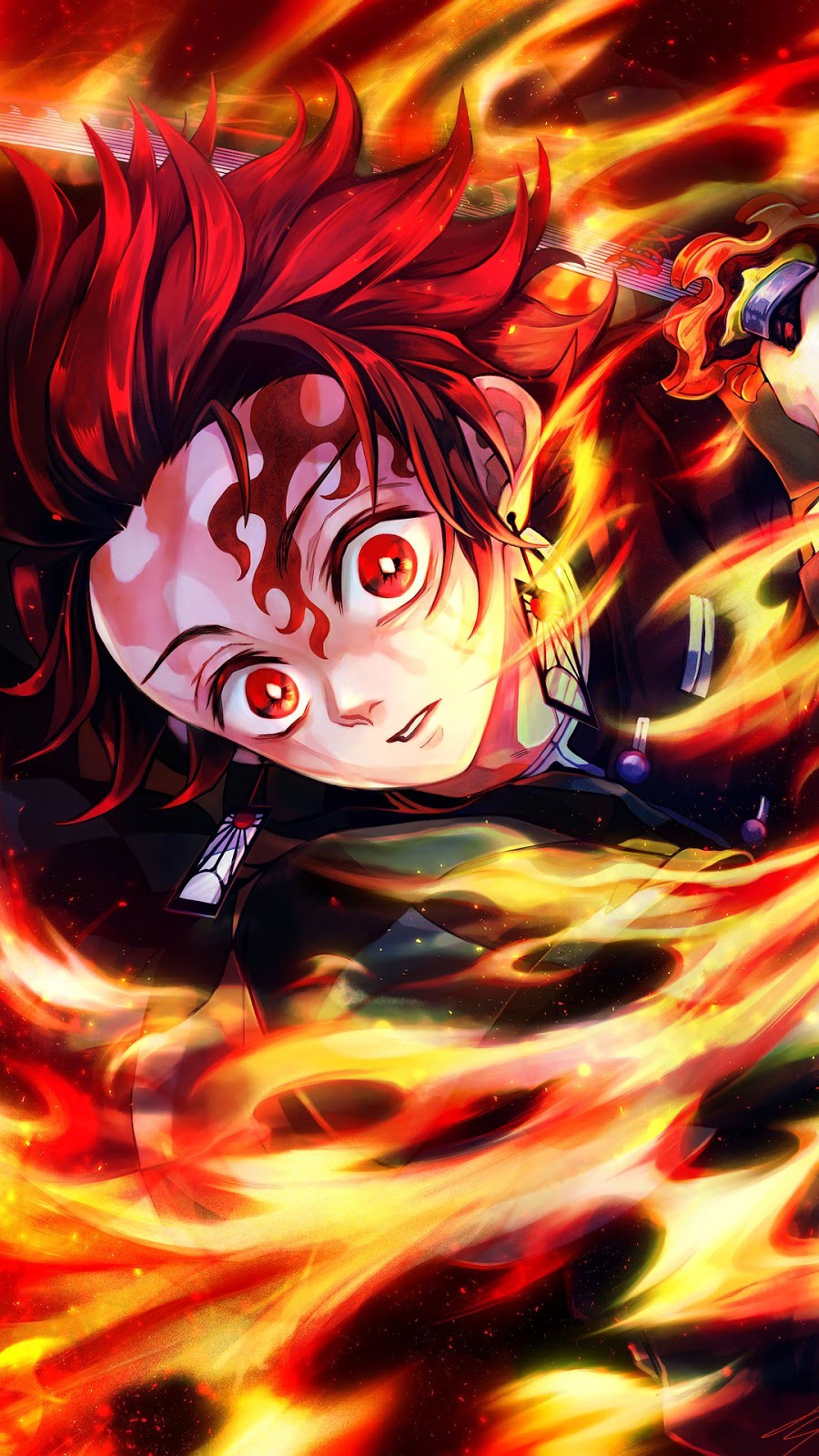 Tanjiro Demon Slayer fiamme, 900x1600 Verticale, Mobile