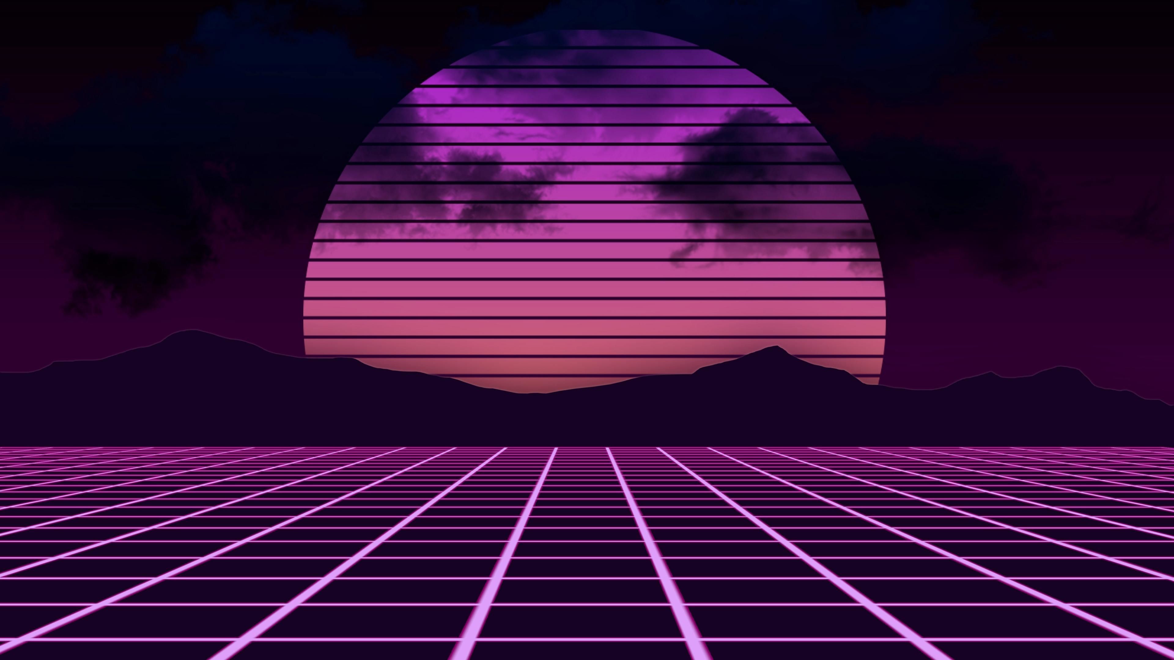 Griglia neon retrowave tramonto, 3840x2160 4K Ultra HD, Monitor 4K