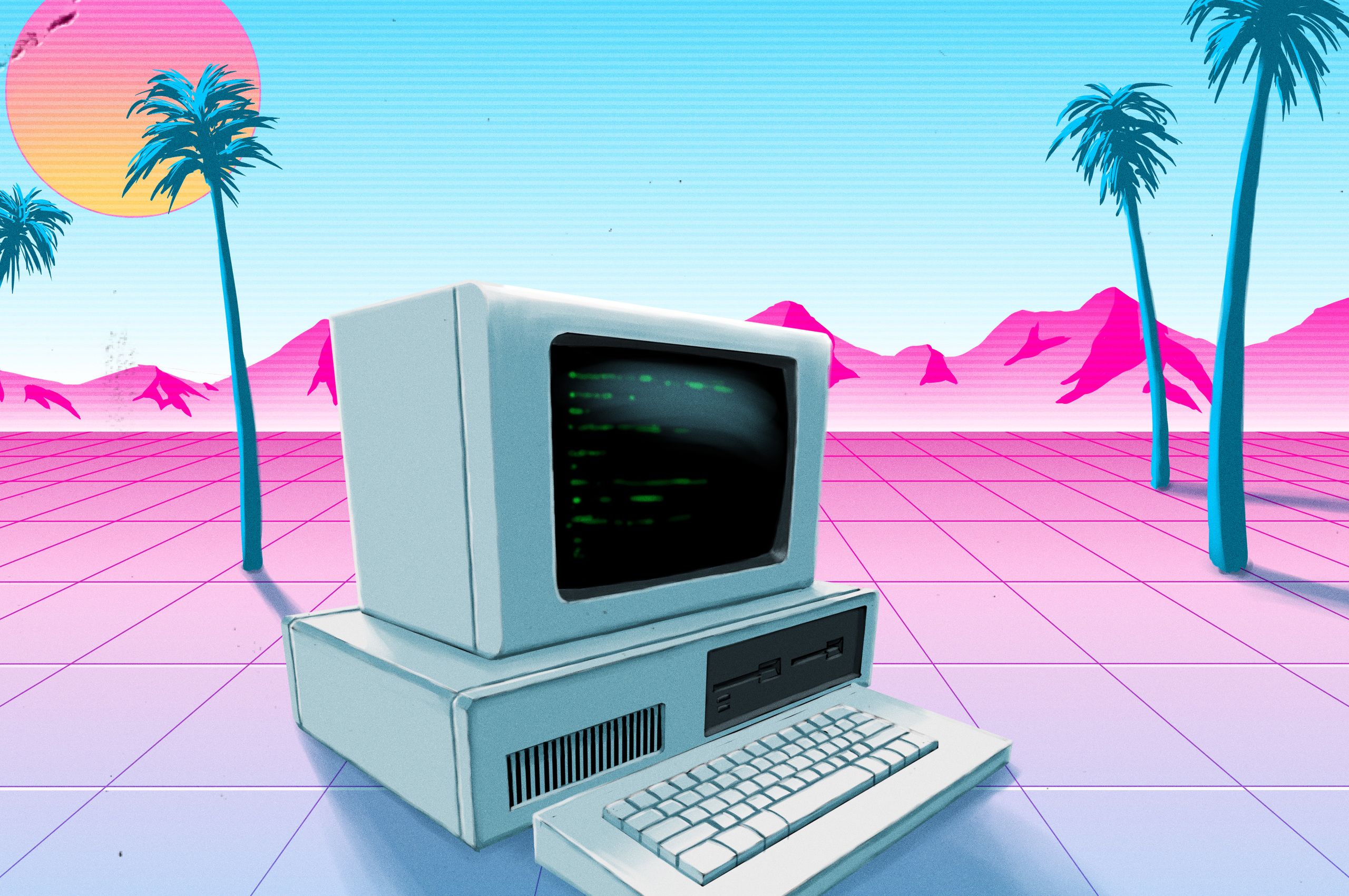 Computer retro vaporwave con palme, 2560x1700 2K+, PC