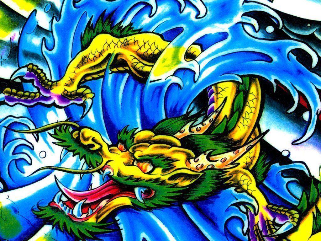 Drago tatuaggio blu giallo, 1024x768 HD, Ultrabook