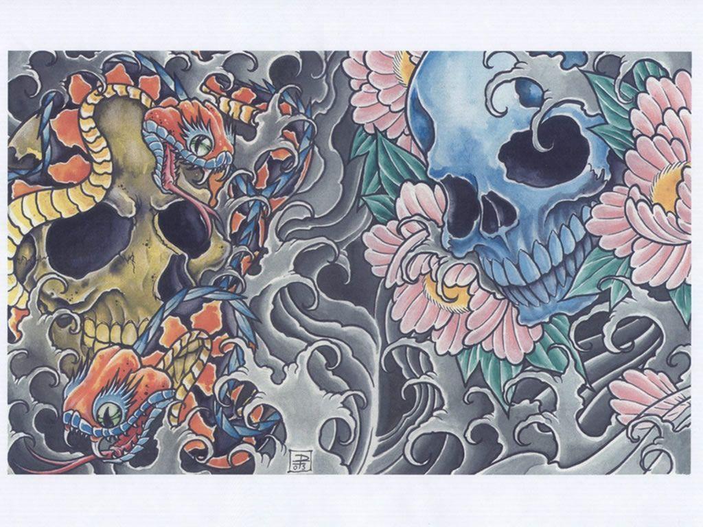 Teschi serpente e fiori tatuaggio, 1024x768 HD, PC