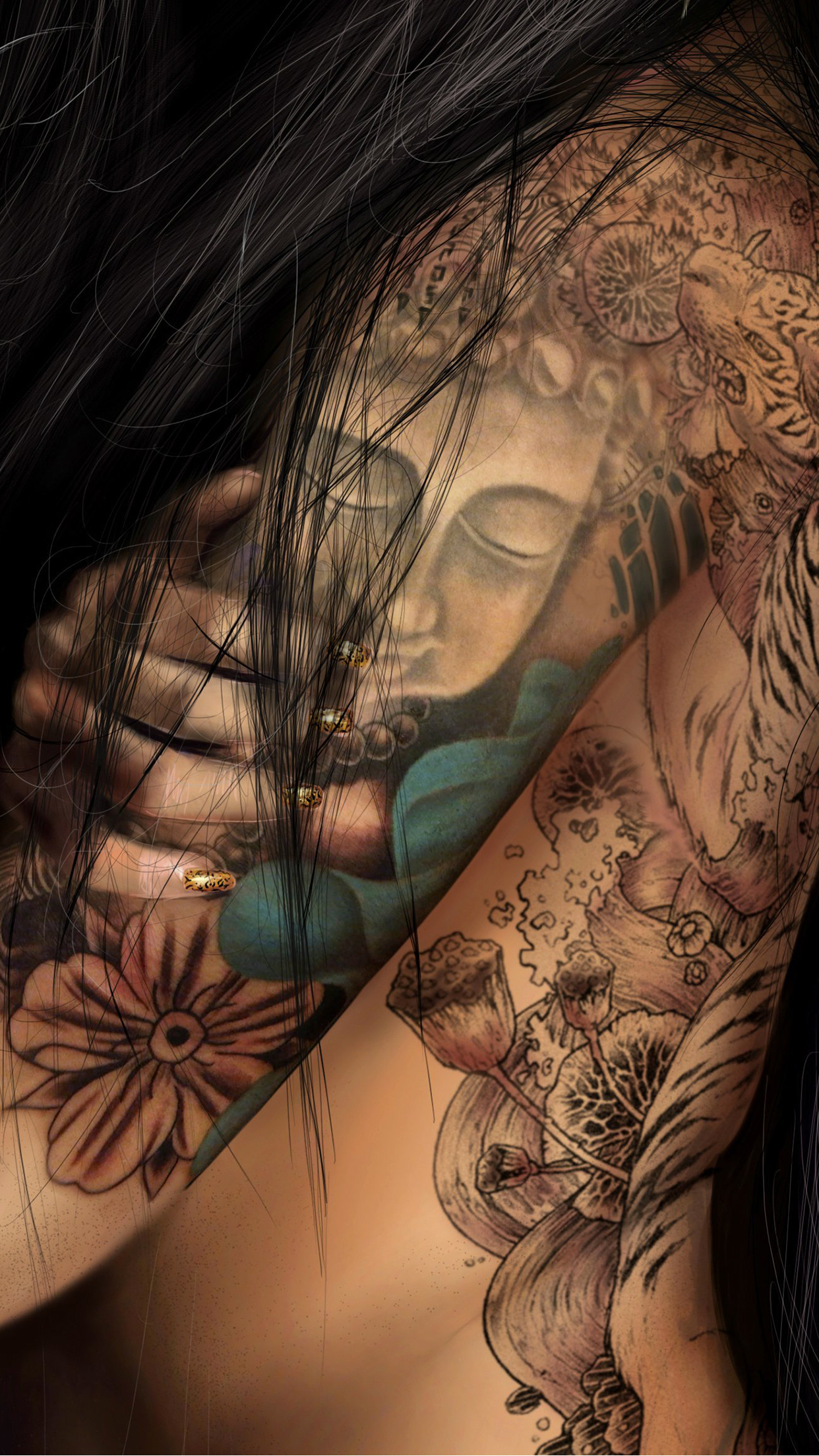 Ragazza con tatuaggi Buddha fiori, 1242x2208 Full HD Verticale, Smartphone
