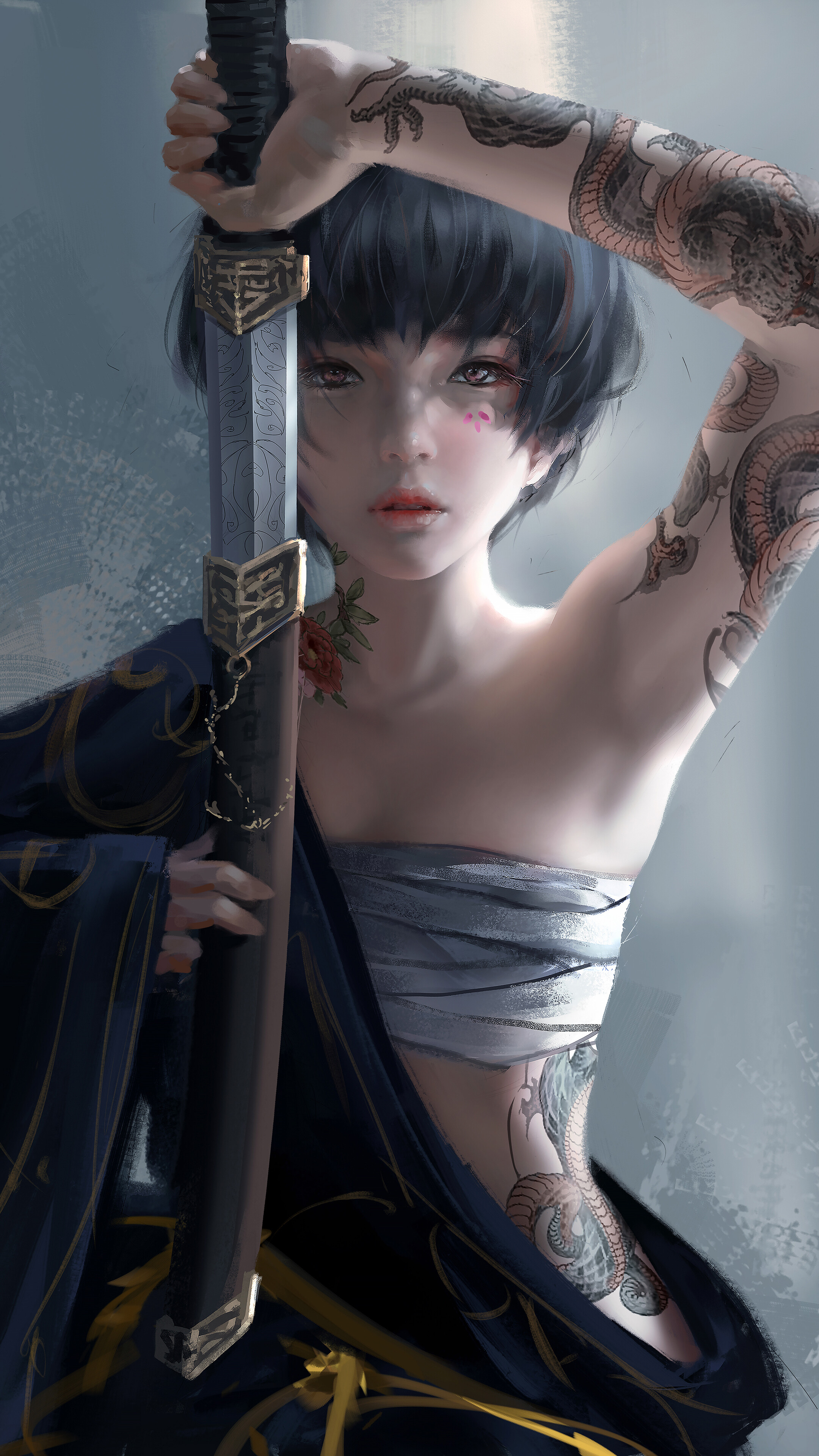 Guerriera fantasy con tatuaggi e spada, 2160x3840 Full HD Verticale, Google Pixel