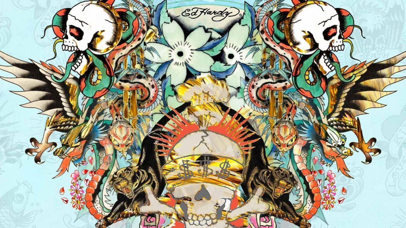 Teschi e ali tatuaggio Ed Hardy, 1366x768 720p, Laptop