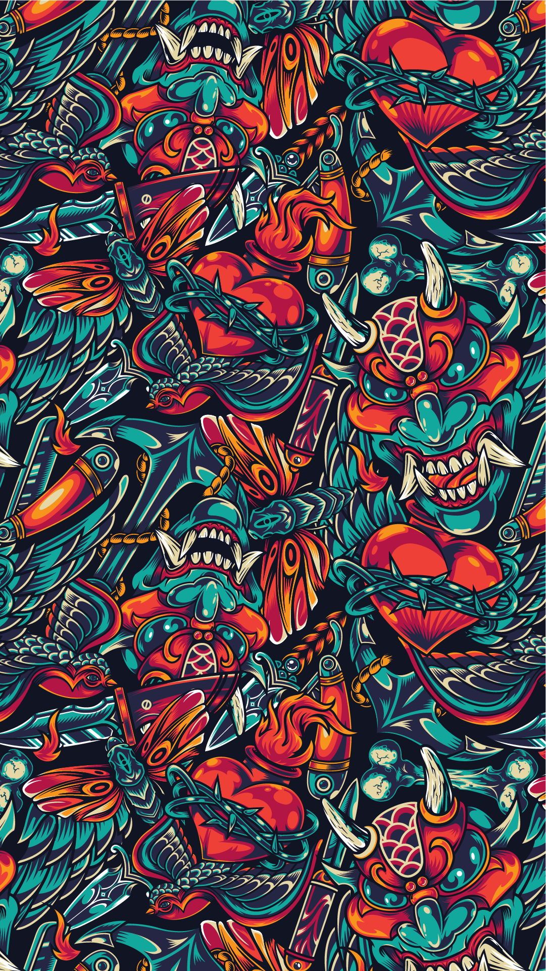 Pattern tatuaggi old school colorato, 1081x1921 Full HD Verticale, iPhone