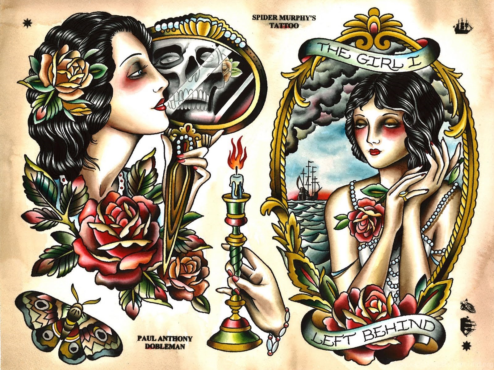 Tattoo flash pin-up rose teschio, 1600x1200 HD, Laptop