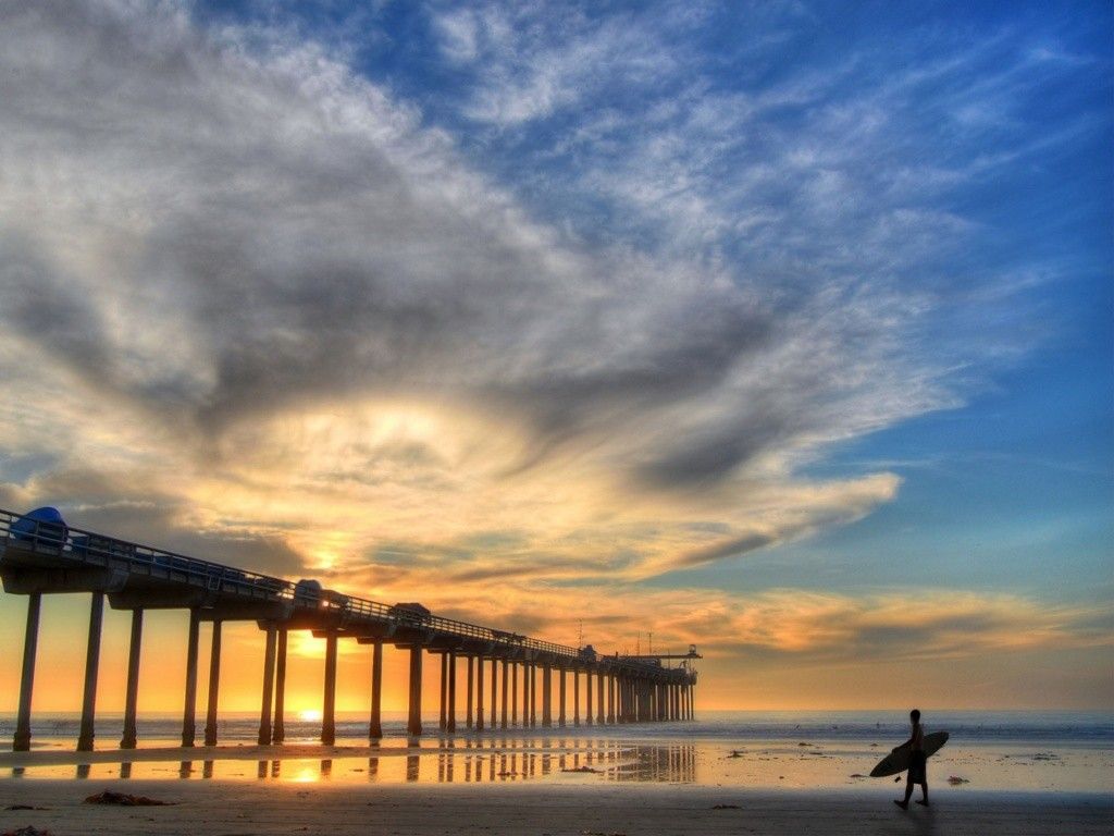 Surfista al tramonto vicino molo, 1024x768 HD, Desktop